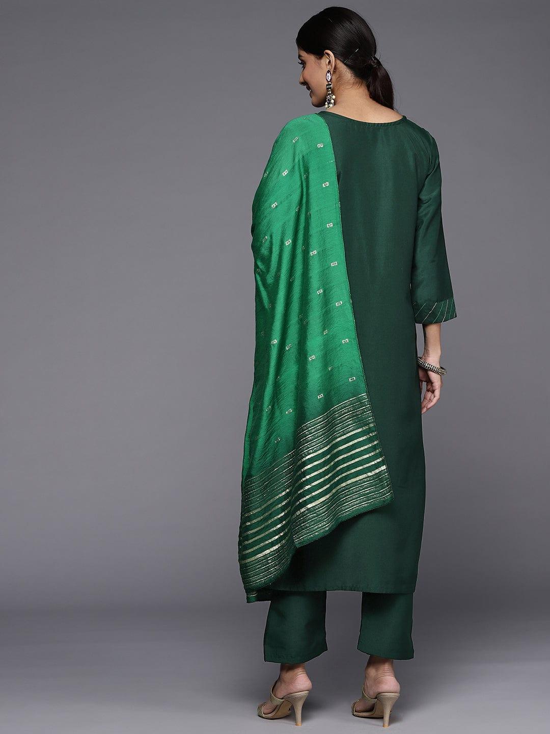 Varanga Women Green Ethnic Motifs Embroidered Kurta with Trousers & Dupatta - Indiakreations