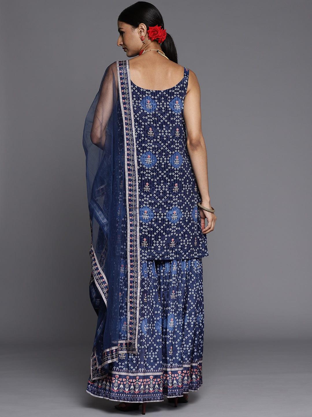 Varanga Women Navy Blue Ethnic Motifs Embroidered Sequinned Kurta with Trousers & With Dupatta - Indiakreations