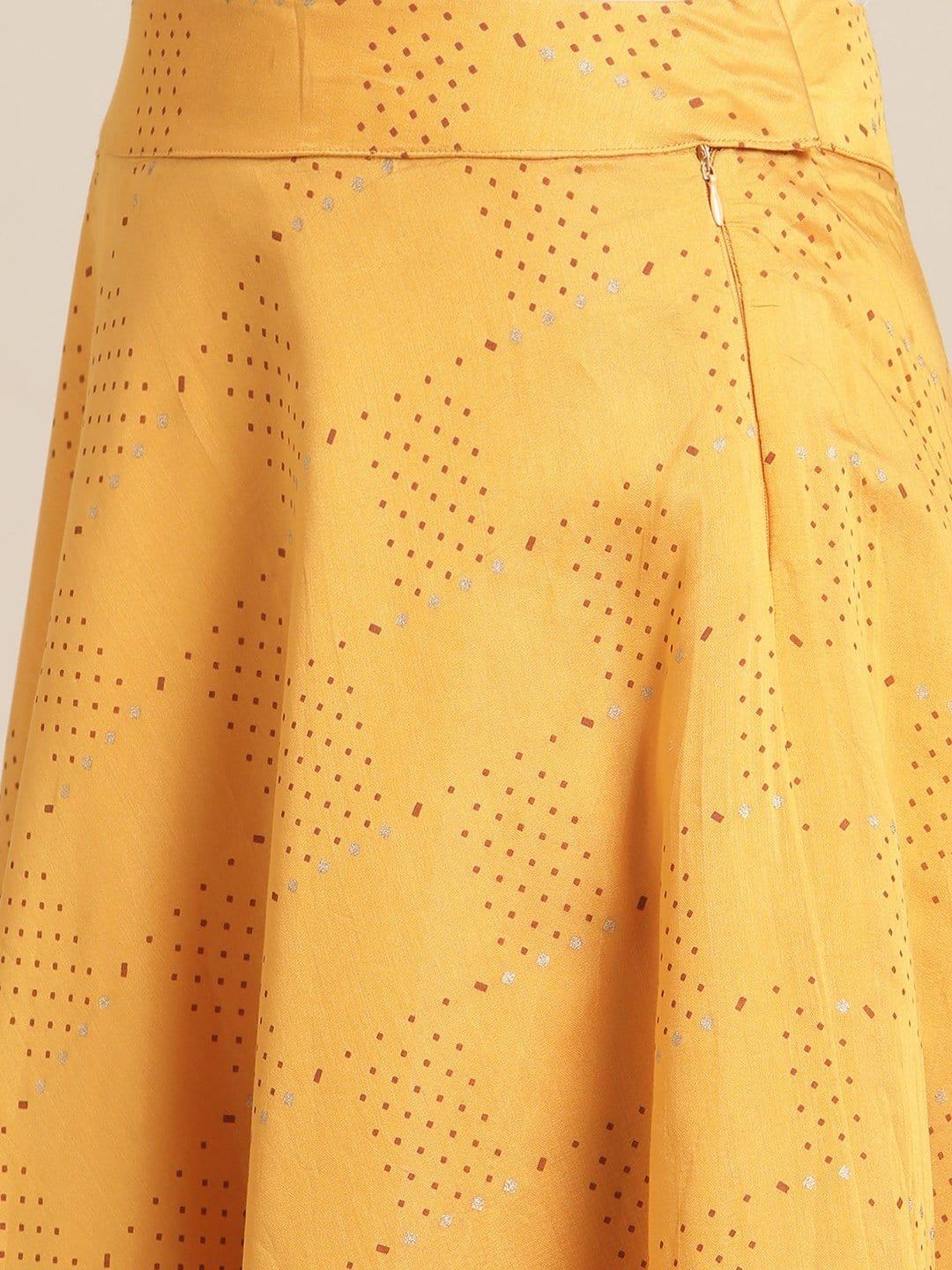 Cream Embellished Peplum Top With Mustard Printed Flared Skirt - Indiakreations