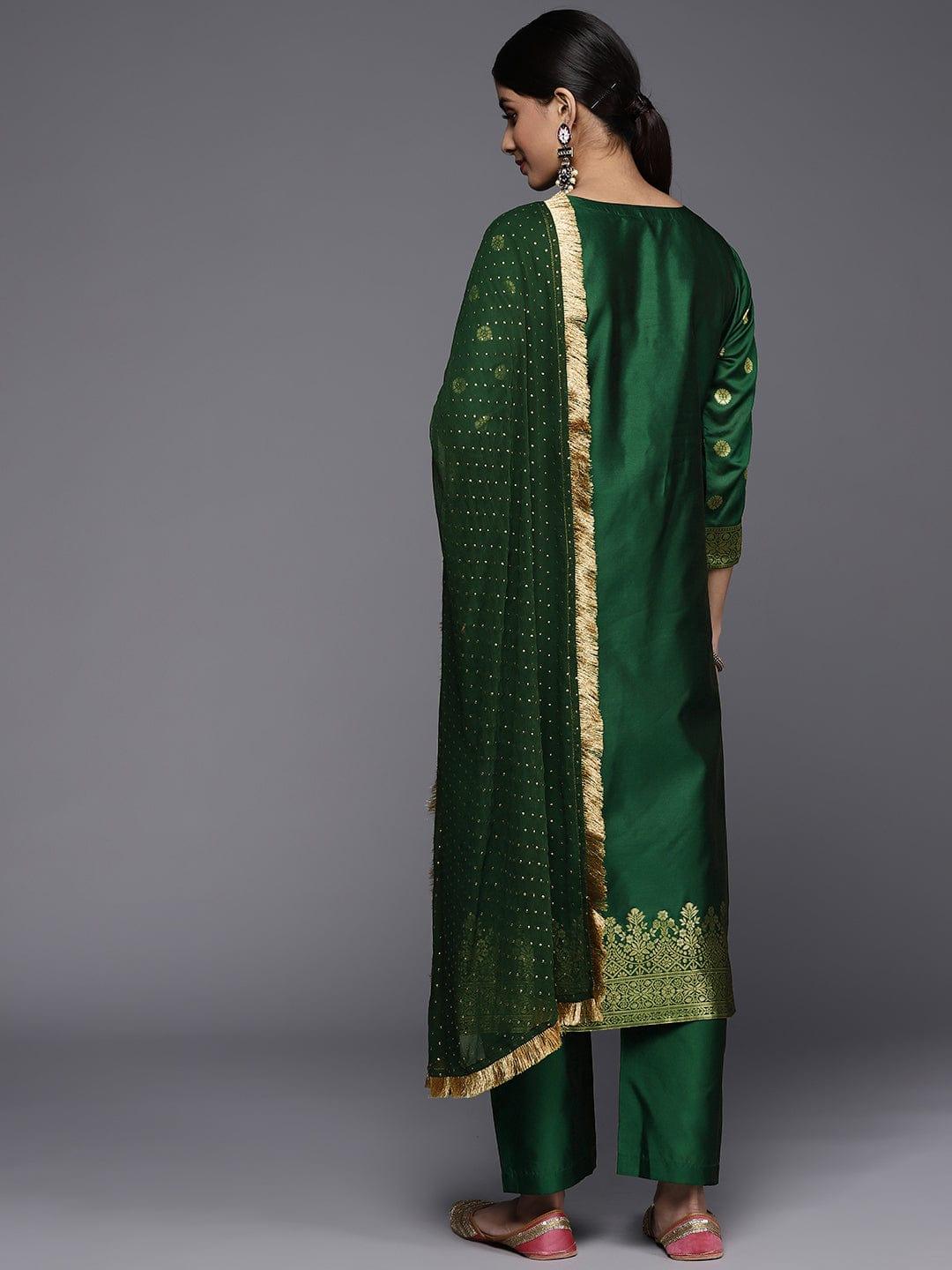 Varanga Women Green Ethnic Motifs Yoke Design Kurta with Trousers & With Dupatta - Indiakreations