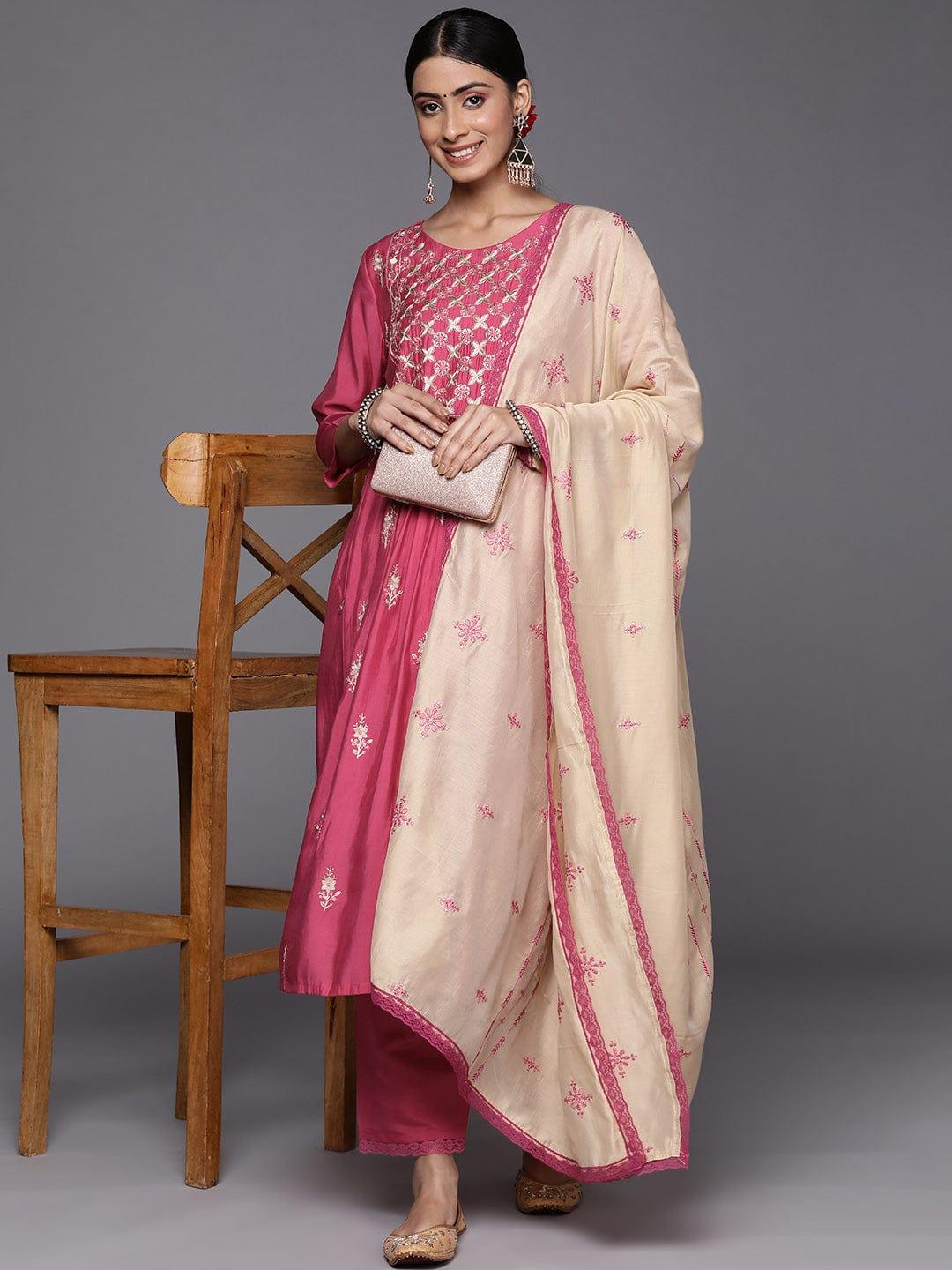 Varanga Women Pink Ethnic Motifs Embroidered Thread Work Kurta with Trousers & With Dupatta - Indiakreations