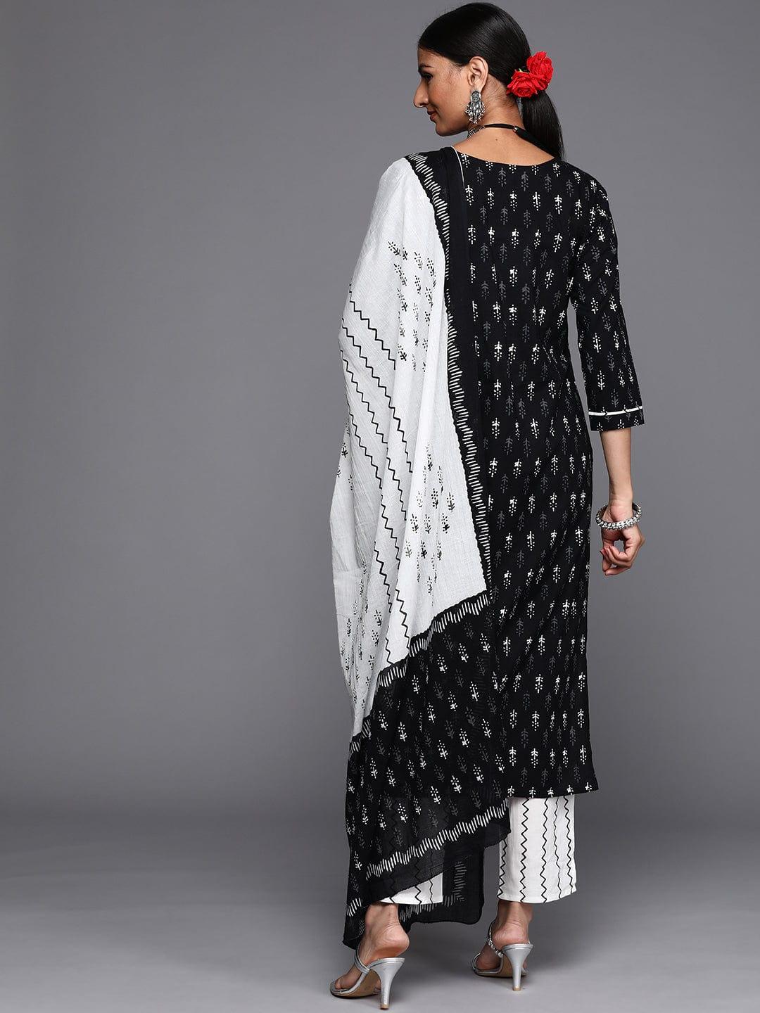 Varanga Women Black Ethnic Motifs Printed Pure Cotton Kurta with Trousers & Dupatta - Indiakreations