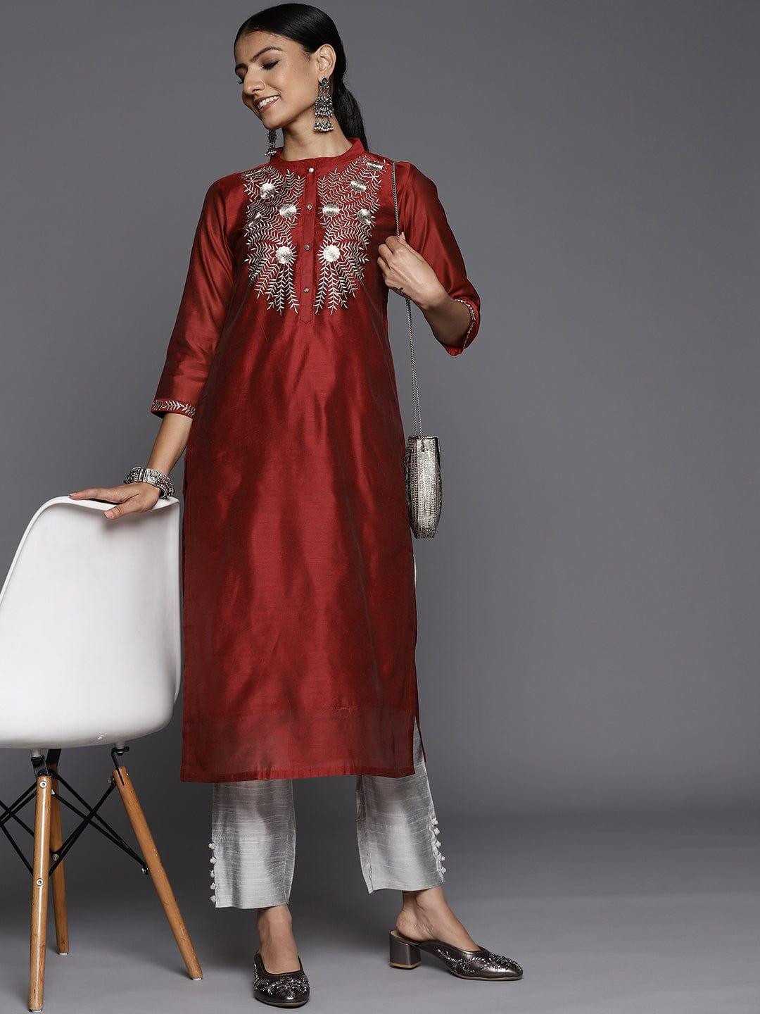 Varanga Women Red Floral Yoke Design Chanderi Silk Kurta with Trousers - Indiakreations