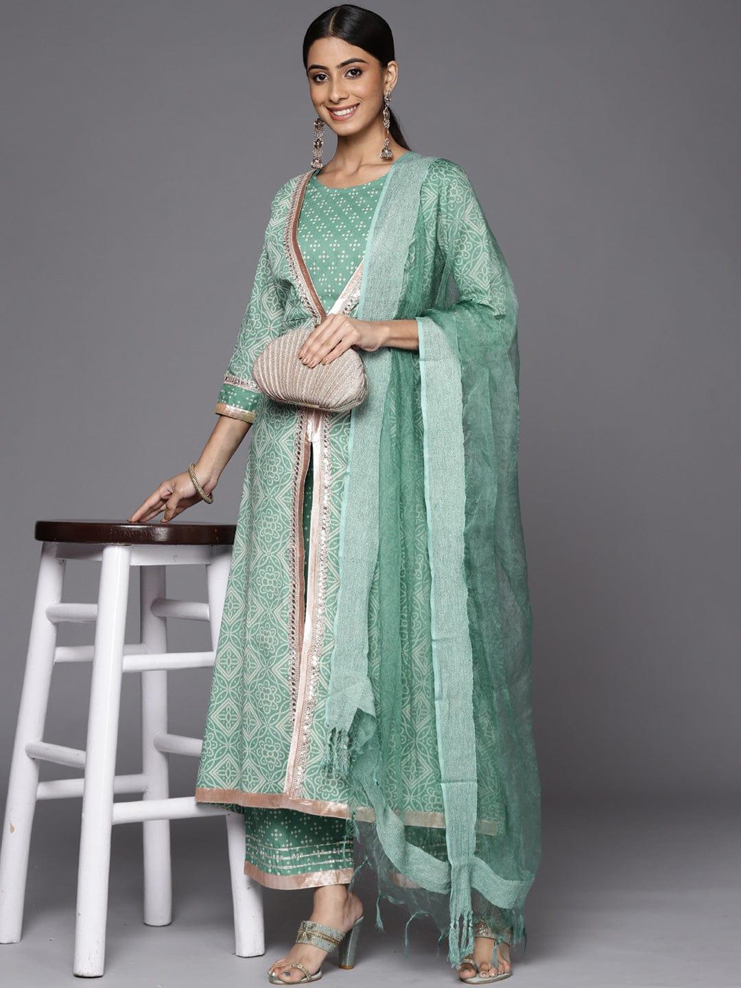 Varanga Women Teal Bandhani Printed High Slit Gotta Patti Pure Cotton Kurta with Palazzos & With Dupatta - Indiakreations