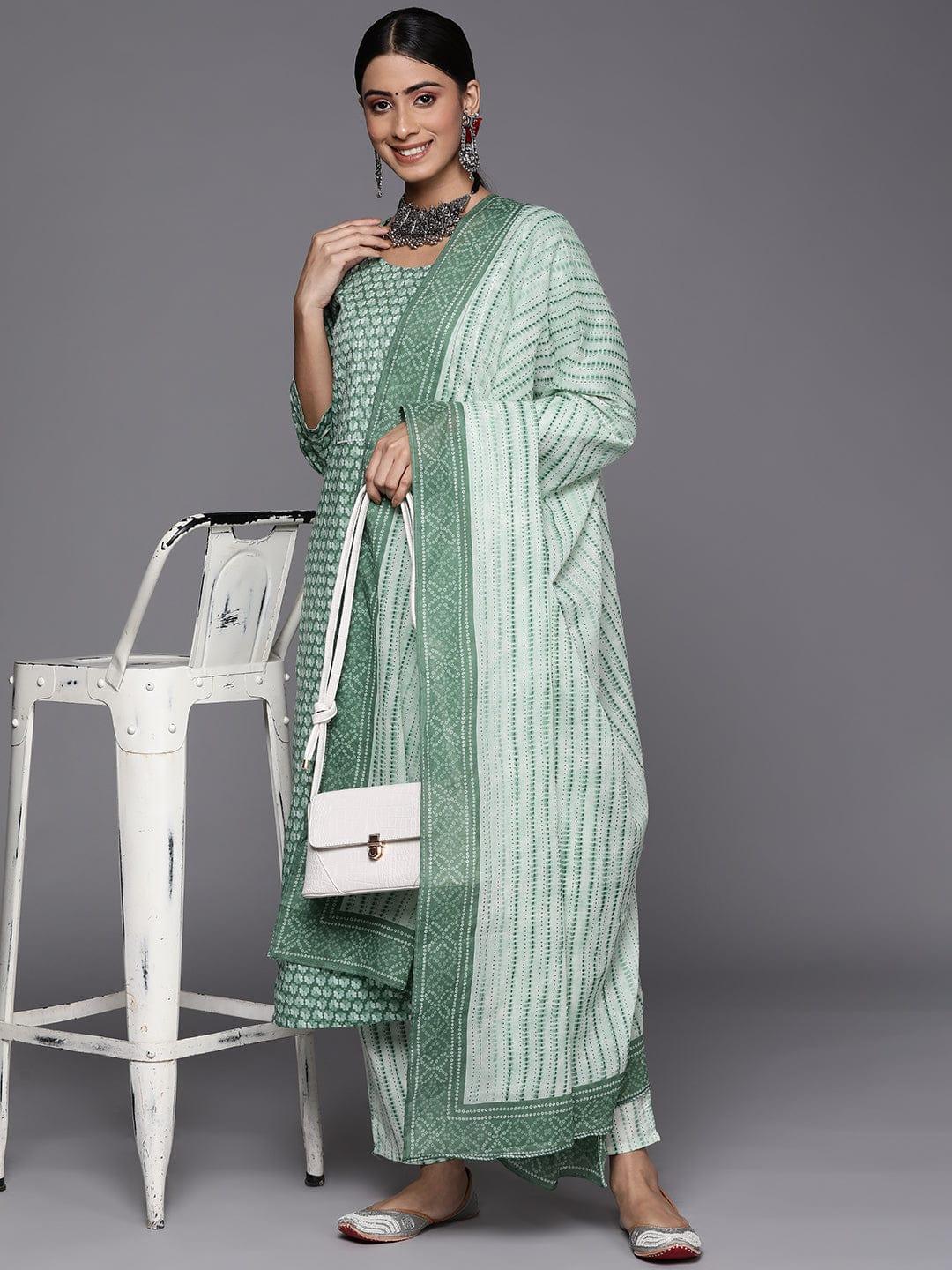 Varanga Women Green Floral Printed Pure Cotton Kurta with Trousers & With Dupatta - Indiakreations