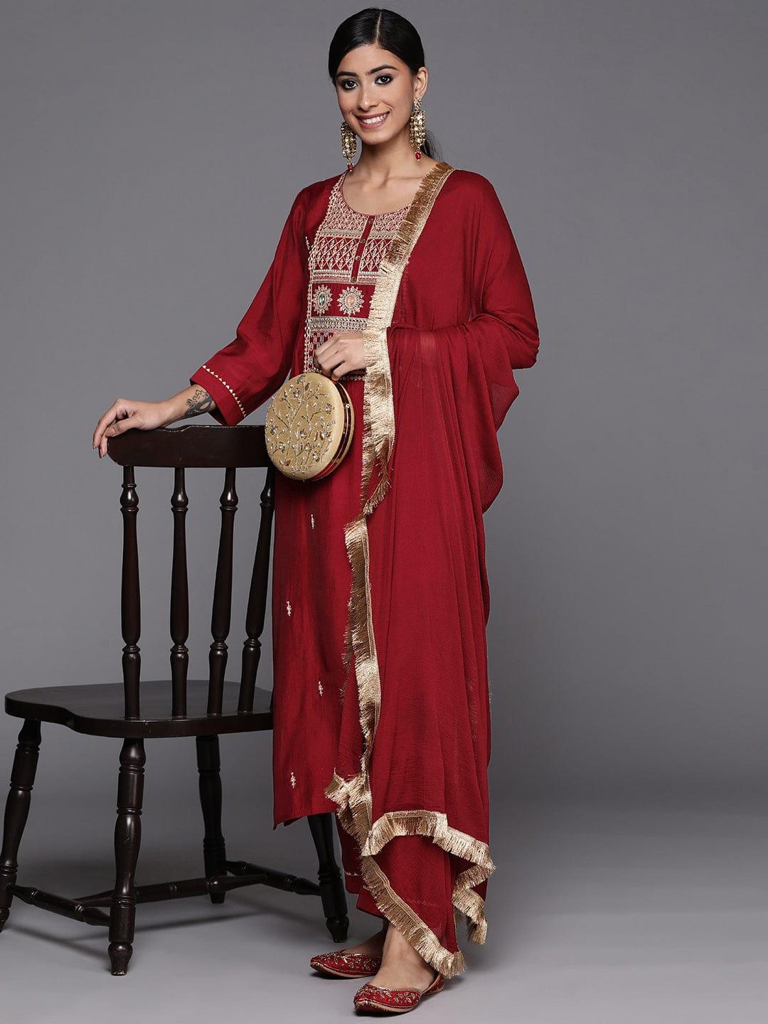 Varanga maroon embroidered kurta paired with tonal bottom and plain chiffon dupatta - Indiakreations