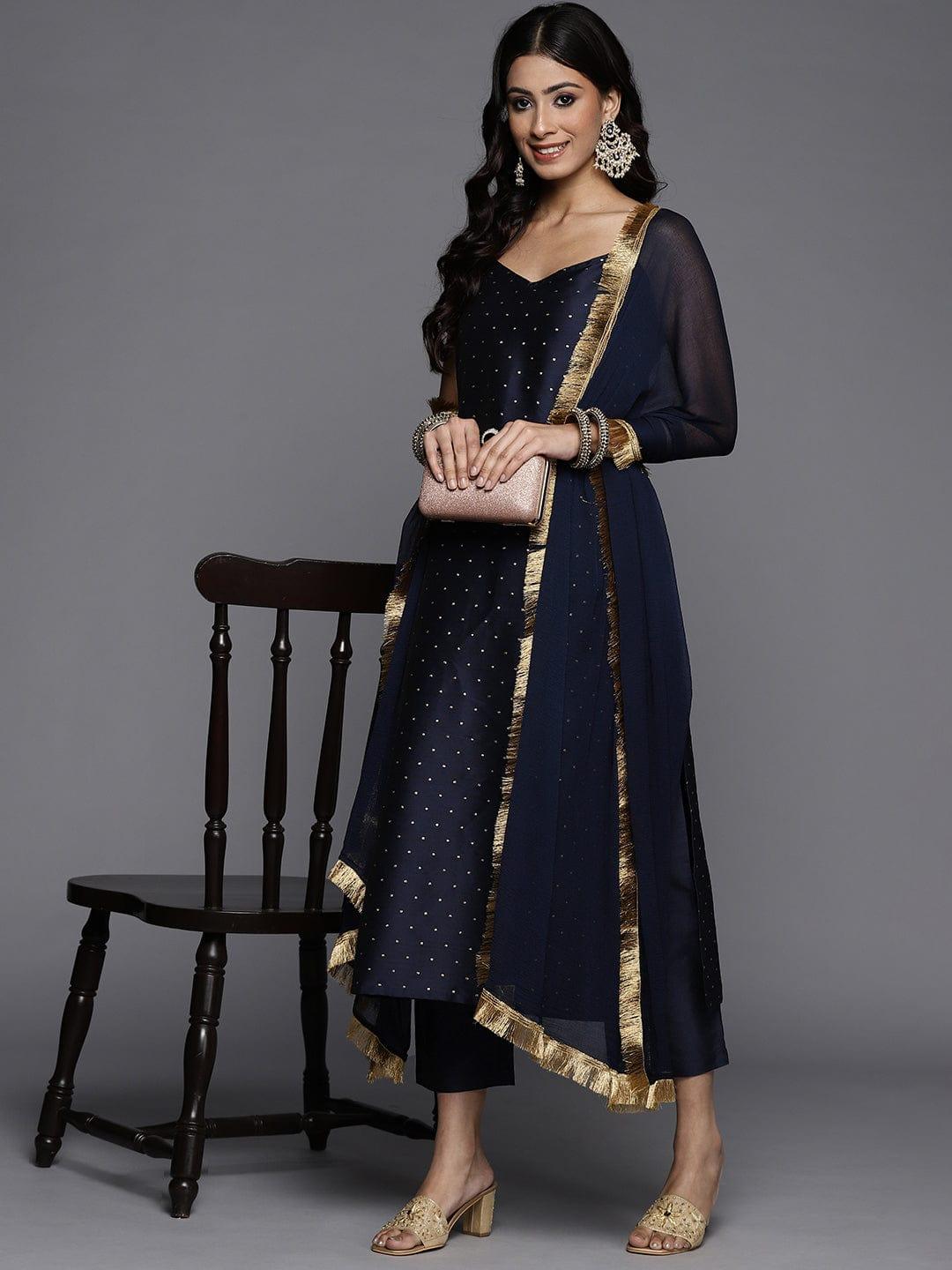 Varanga Women Navy Blue Printed Kurta with Trousers & Dupatta - Indiakreations