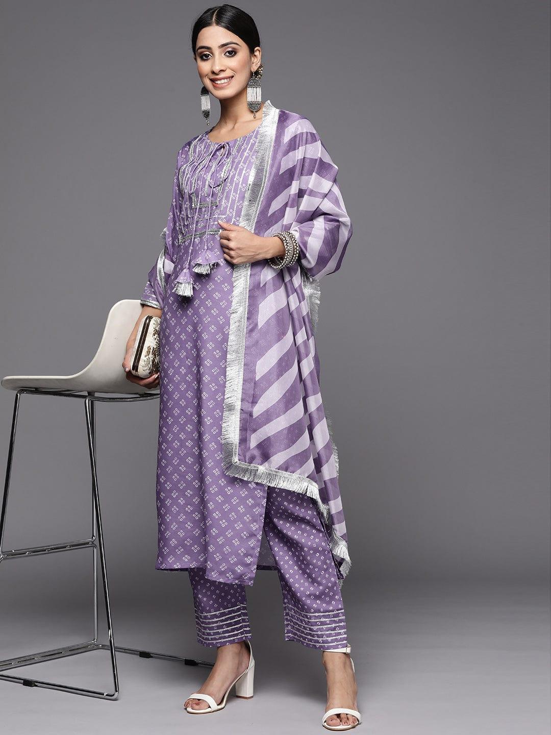 Varanga Women Purple Bandhani Printed Kurta with Trousers & With Dupatta - Indiakreations