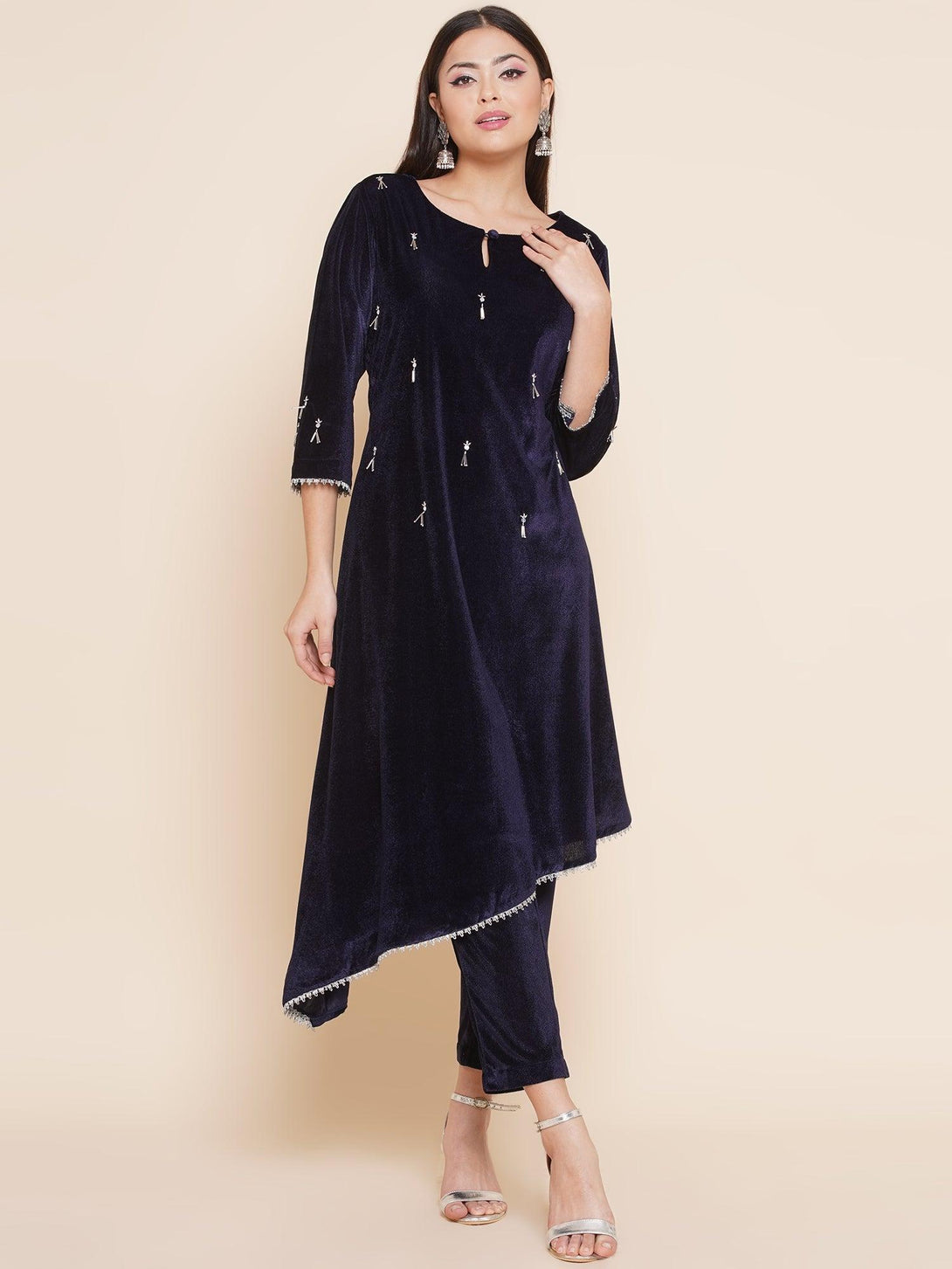 Women's Navy Blue Velvet Assymetrical Hand Embellished Kurta With Pants - Women Republic - Indiakreations