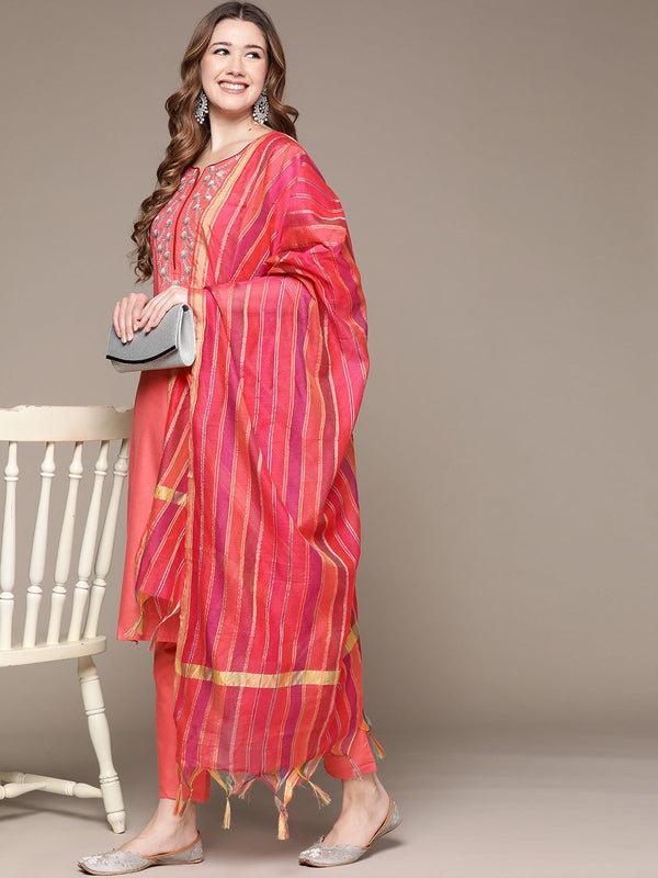 Women's Pink Zari Embroidered Kurta With Trousers and Dupatta - Anubhutee