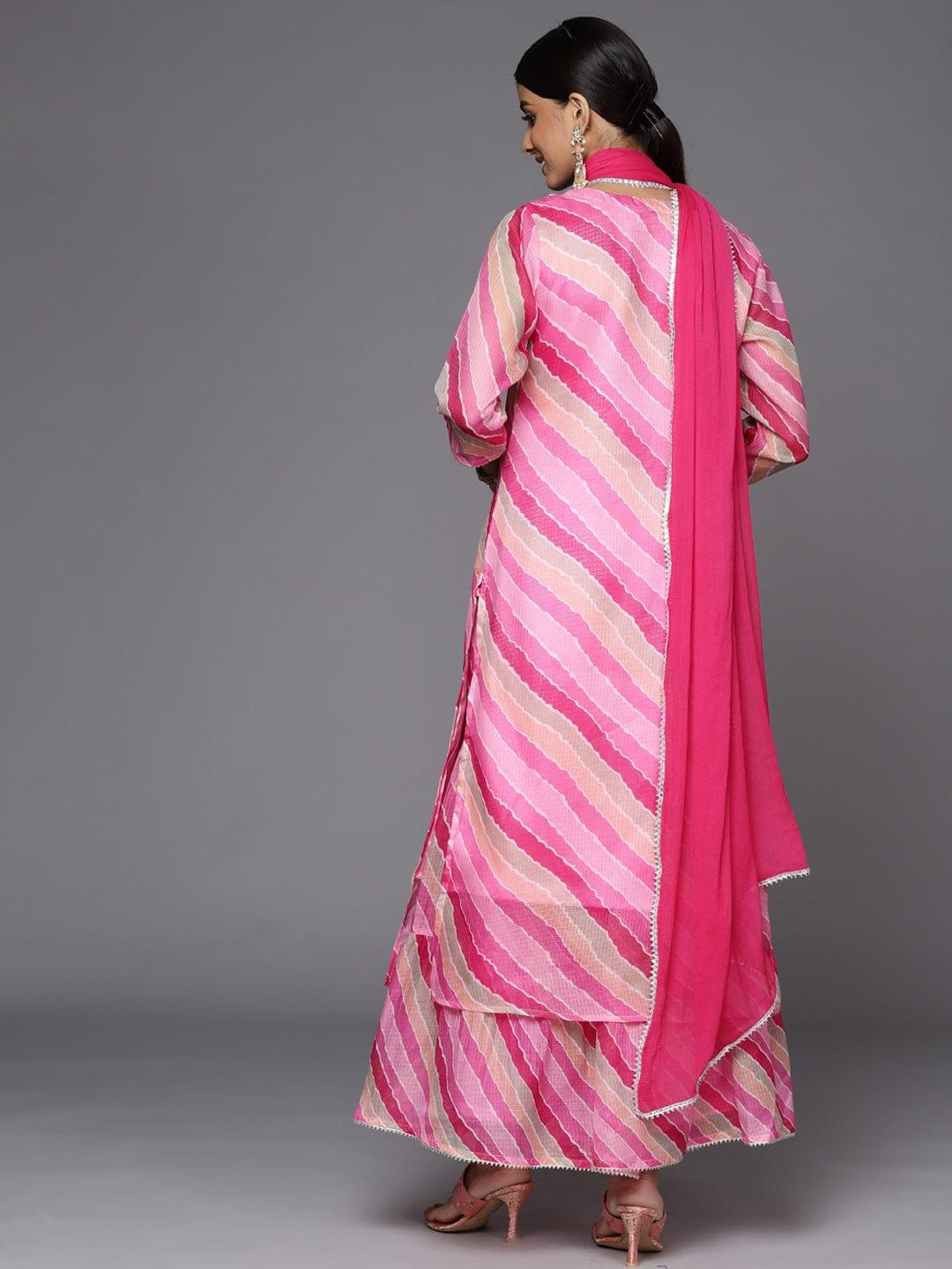 Varanga Women Pink Leheriya Printed Gotta Patti Chanderi Cotton Kurta with Sharara & With Dupatta - Indiakreations