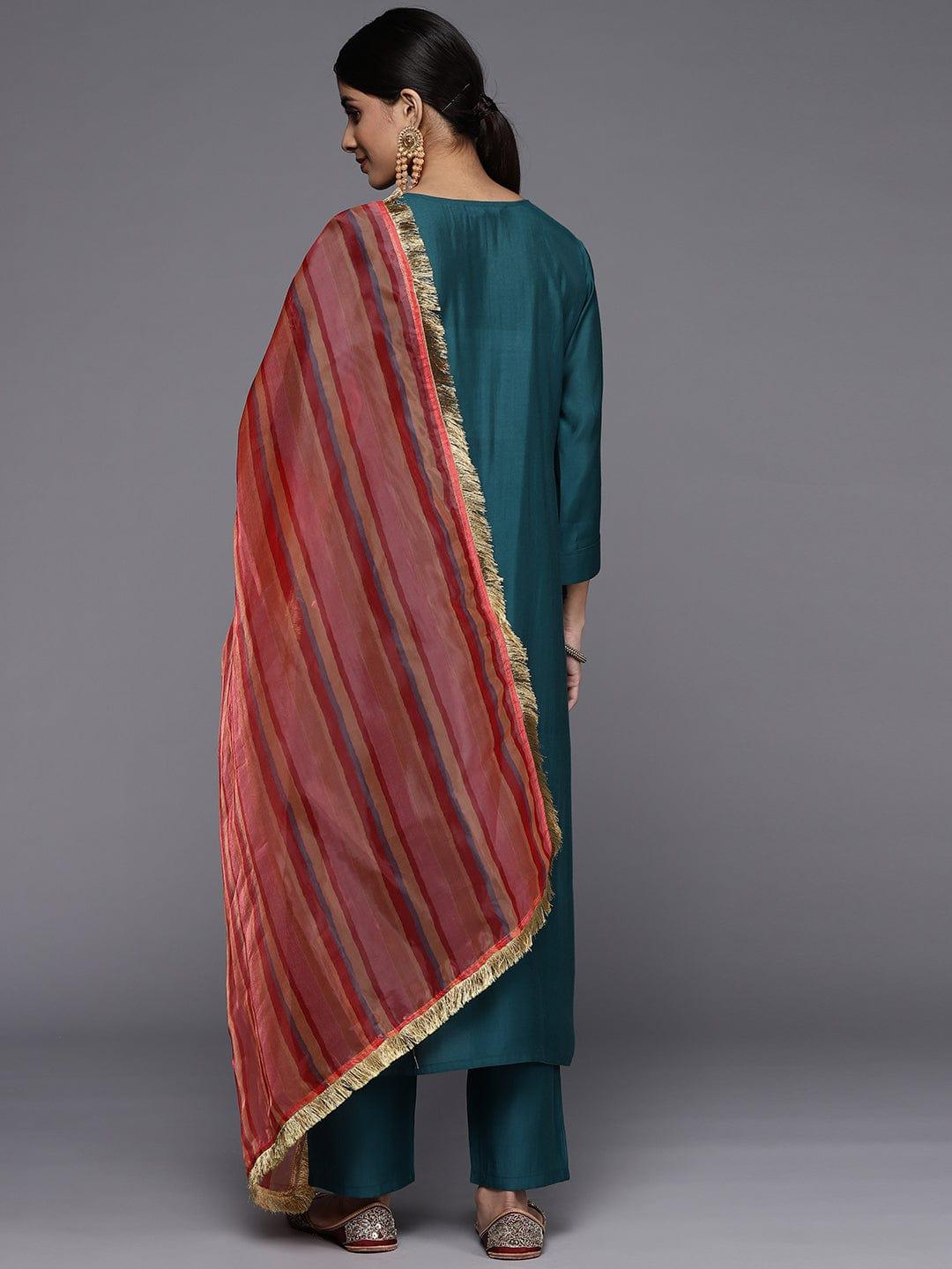 Varanga Women Teal Ethnic Motifs Yoke Design Thread Work Kurta with Trousers & With Dupatta - Indiakreations