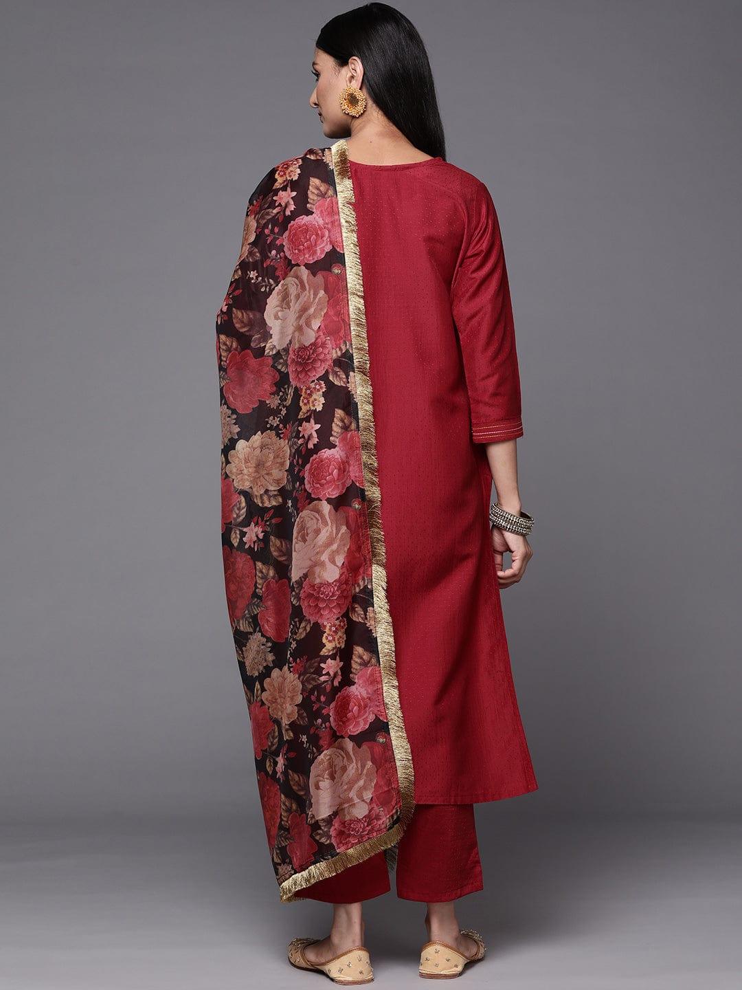 Varanga Women Maroon & Beige Floral Embroidered Thread Work Kurta with Trousers & Dupatta - Indiakreations