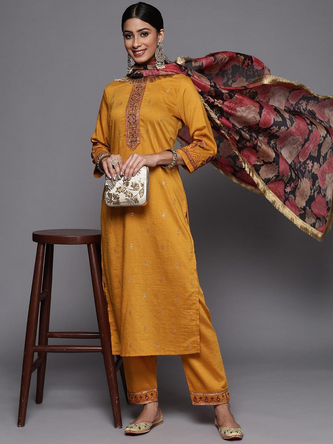 Varanga Women Mustard Yellow Ethnic Motifs Embroidered Sequinned Kurta with Trousers & With Dupatta - Indiakreations