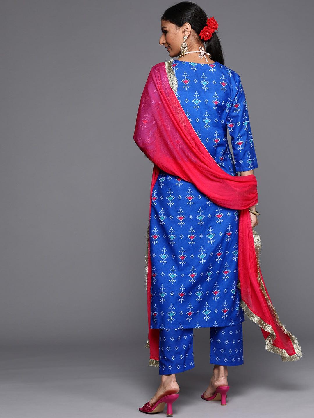 Varanga Women Blue Bandhani Printed Gotta Patti Kurta with Trousers & Dupatta - Indiakreations