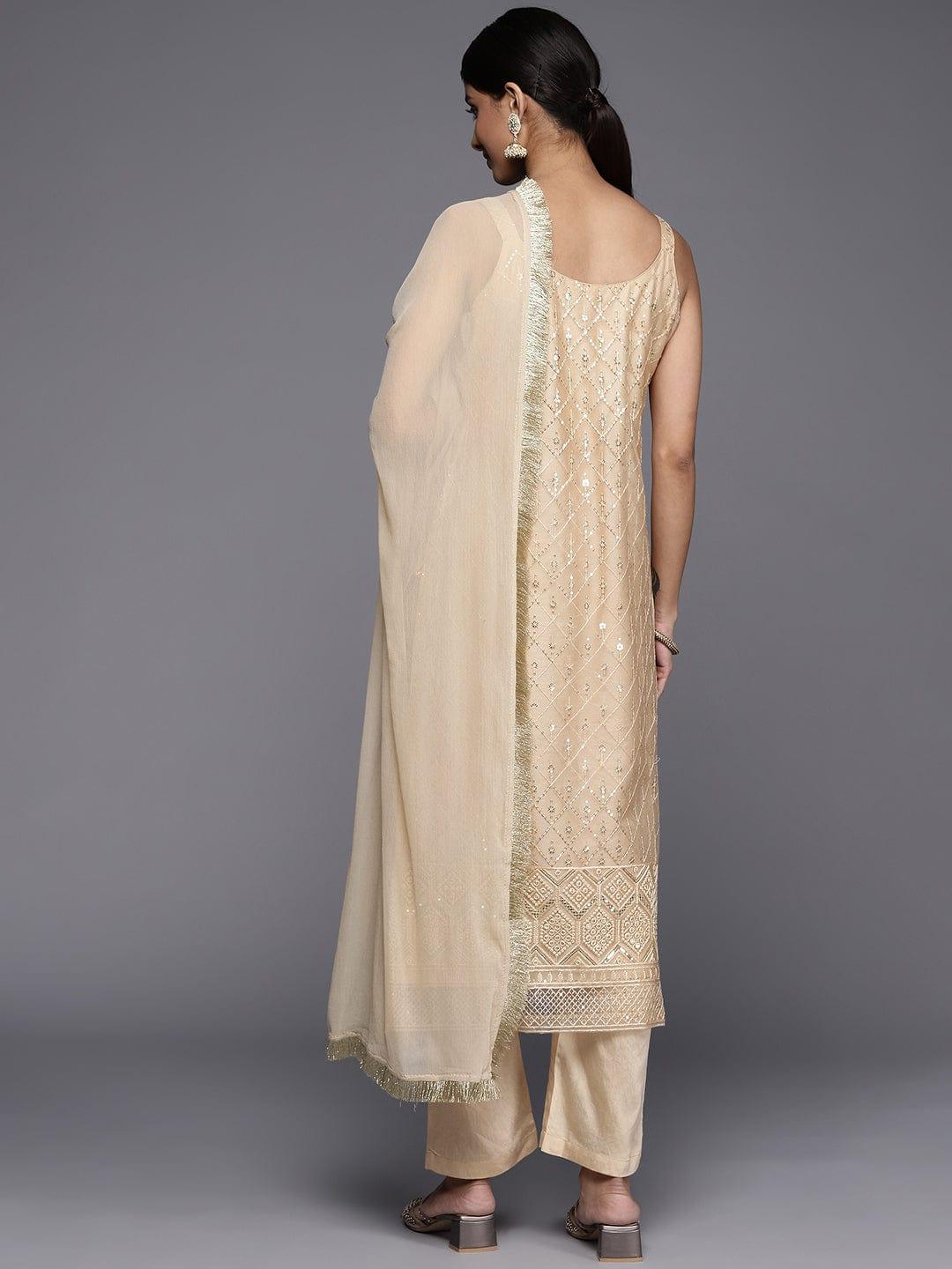 Varanga Women Beige Sequinned Kurta with Trousers & With Dupatta - Indiakreations