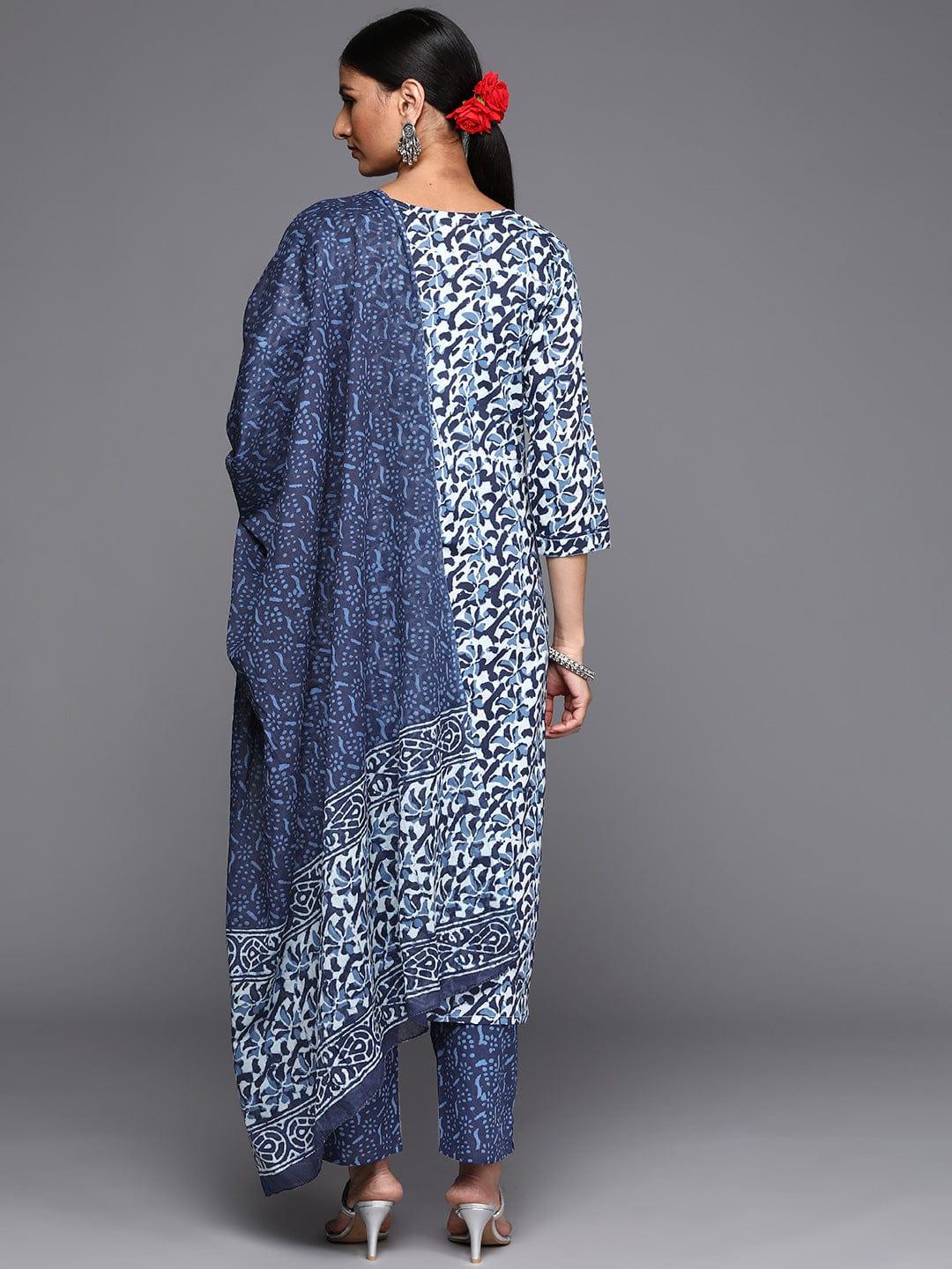 Varanga Women Blue Ethnic Motifs Printed Pure Cotton Kurta with Trousers & Dupatta - Indiakreations