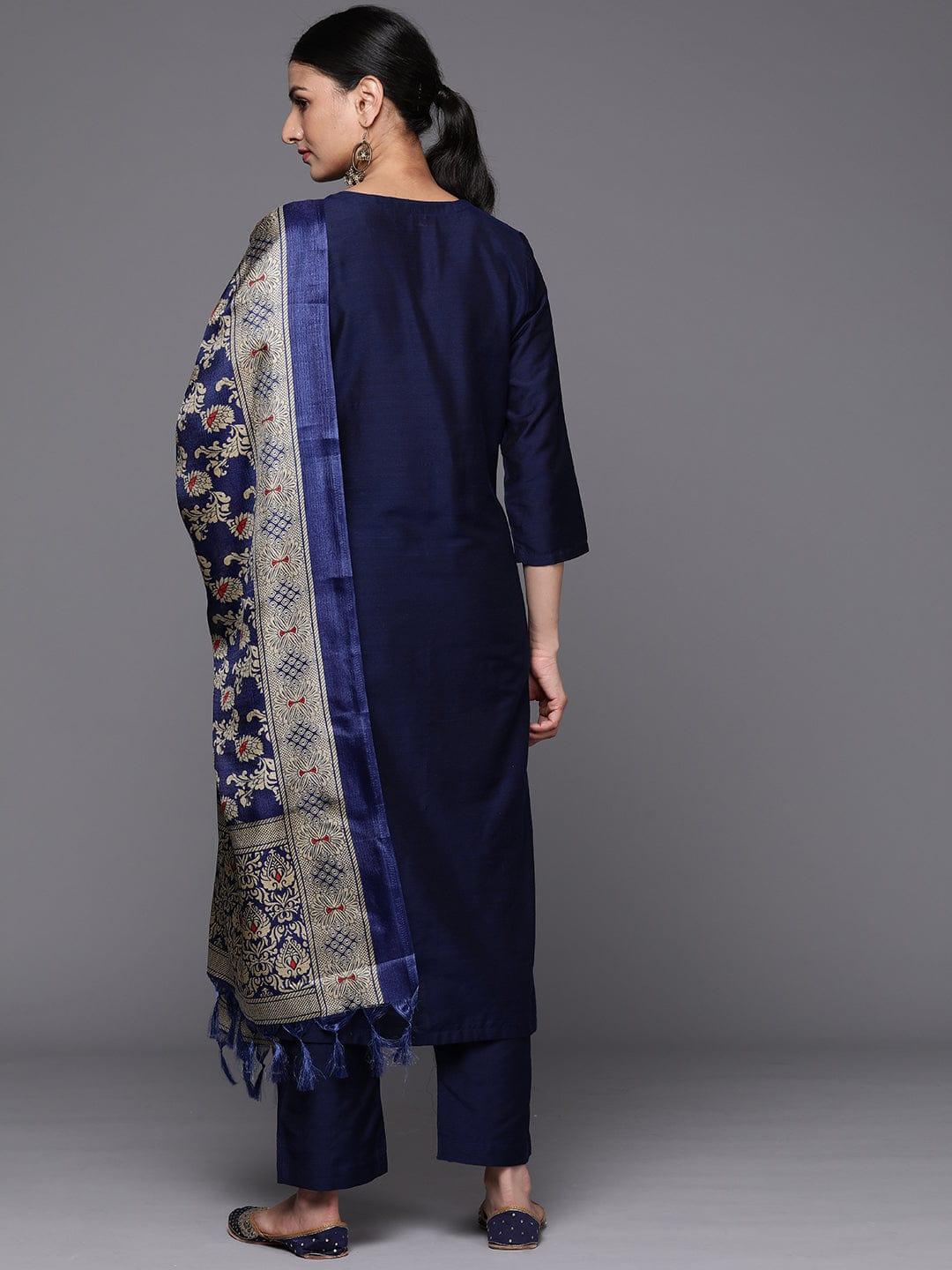 Varanga Women Embroidered Sequinned Silk Kurta with Trousers & Dupatta - Indiakreations