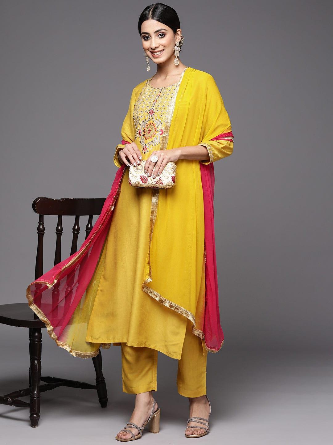 Varanga Women Yellow Ethnic Motifs Yoke Design Mirror Work Kurta with Trousers & With Dupatta - Indiakreations