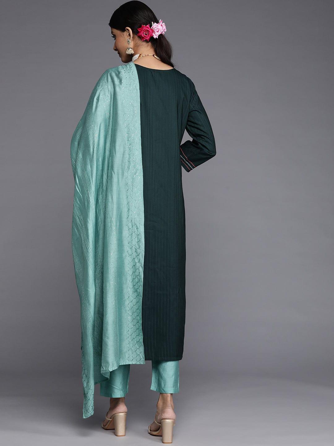 Varanga Women Green Yoke Design Thread Work Dupion Silk Kurta with Trousers & Dupatta - Indiakreations