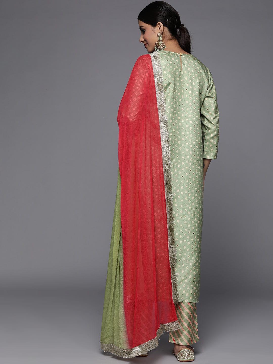 Varanga Women Green Leheriya Embroidered Mirror Work Kurta with Trousers & With Dupatta - Indiakreations