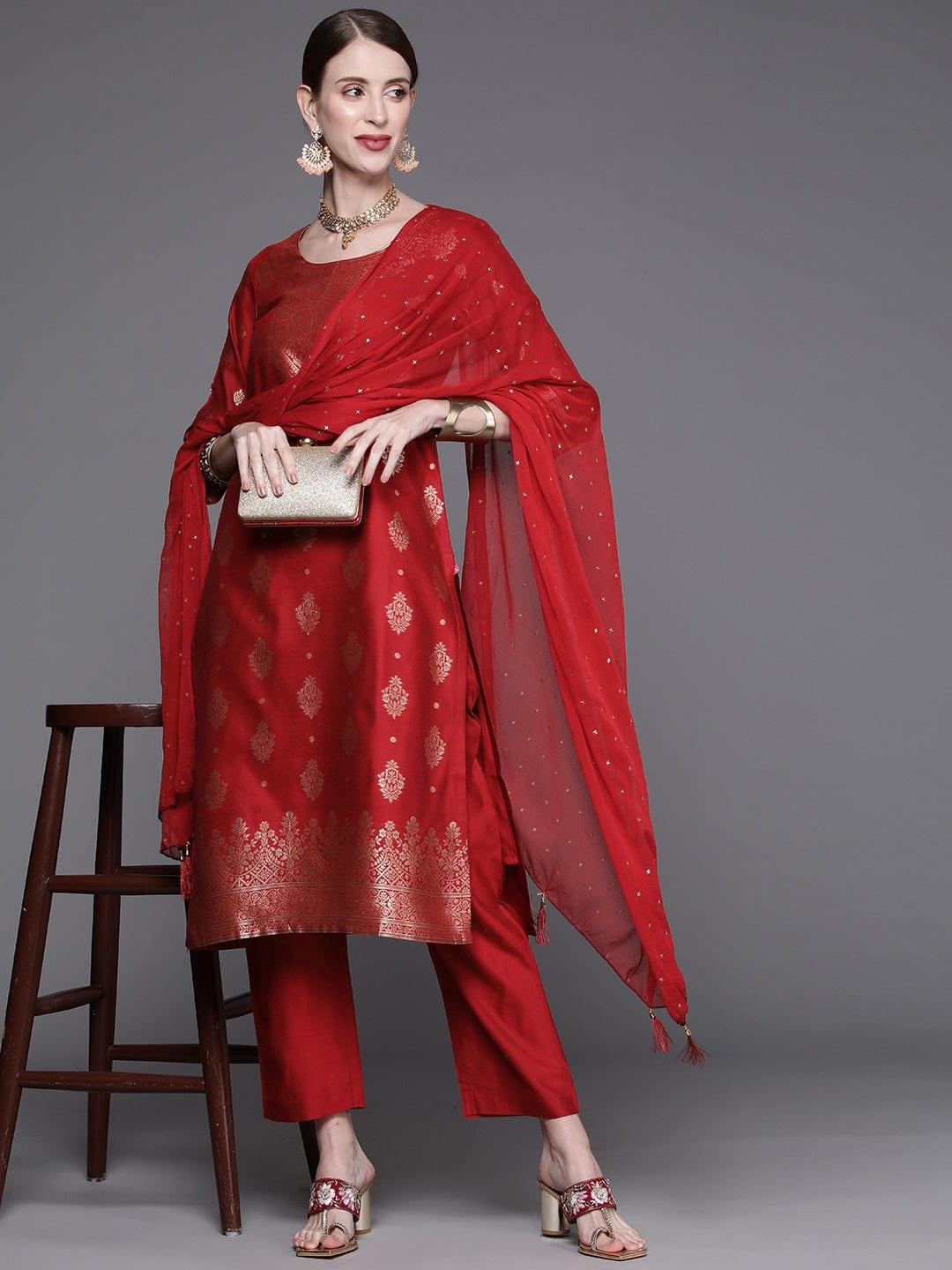 Varanga Women Red & Golden Kurta with Trousers & With Dupatta - Indiakreations