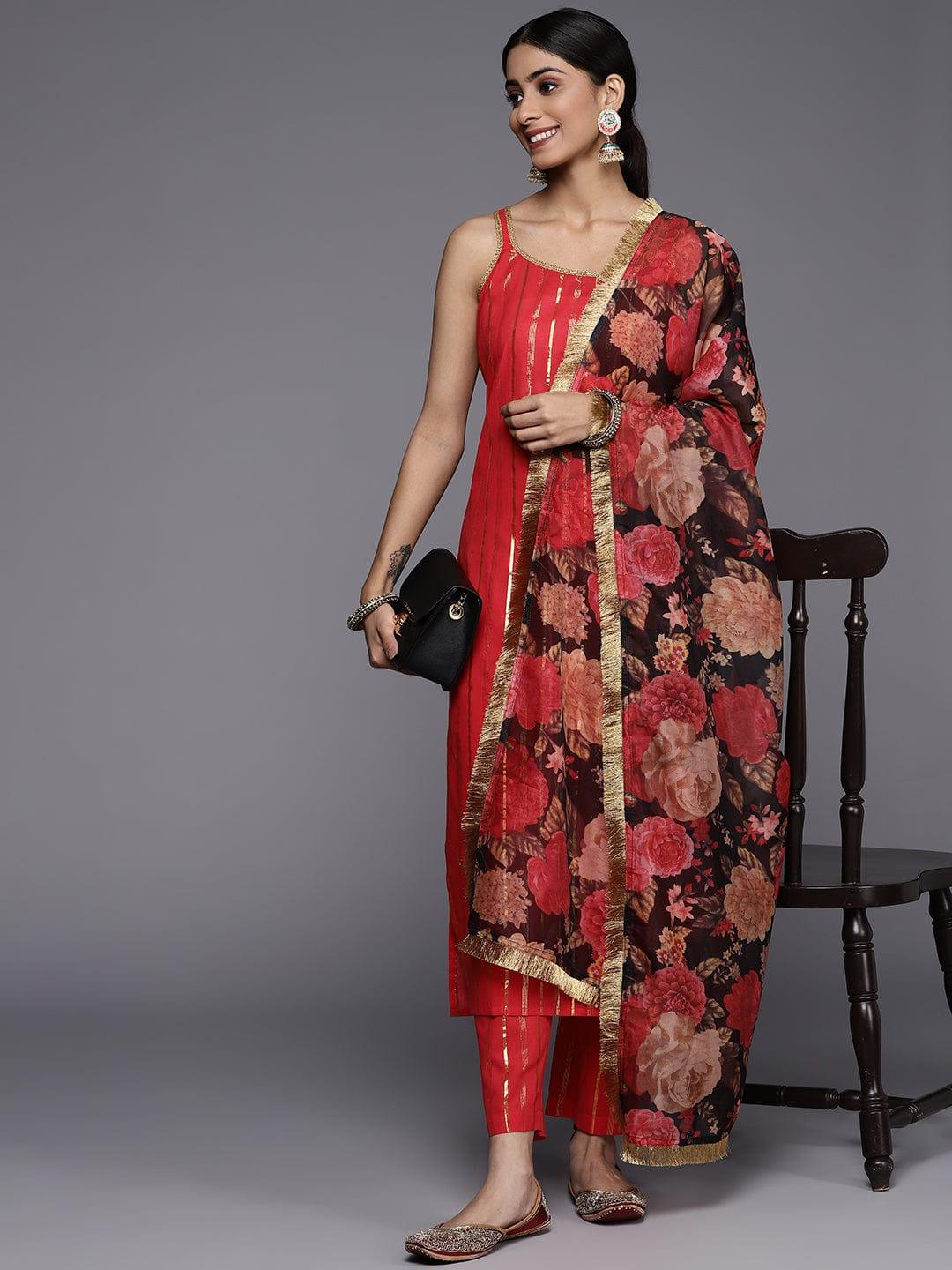 Varanga women red strap style kurta with straight pant and digital printed dupatta - Indiakreations