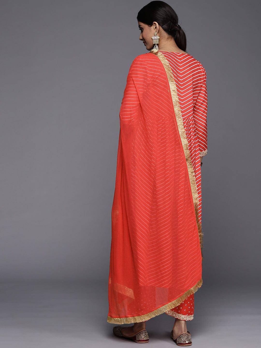 Varanga Women Red Leheriya Embroidered Empire Kurta with Trousers & With Dupatta - Indiakreations