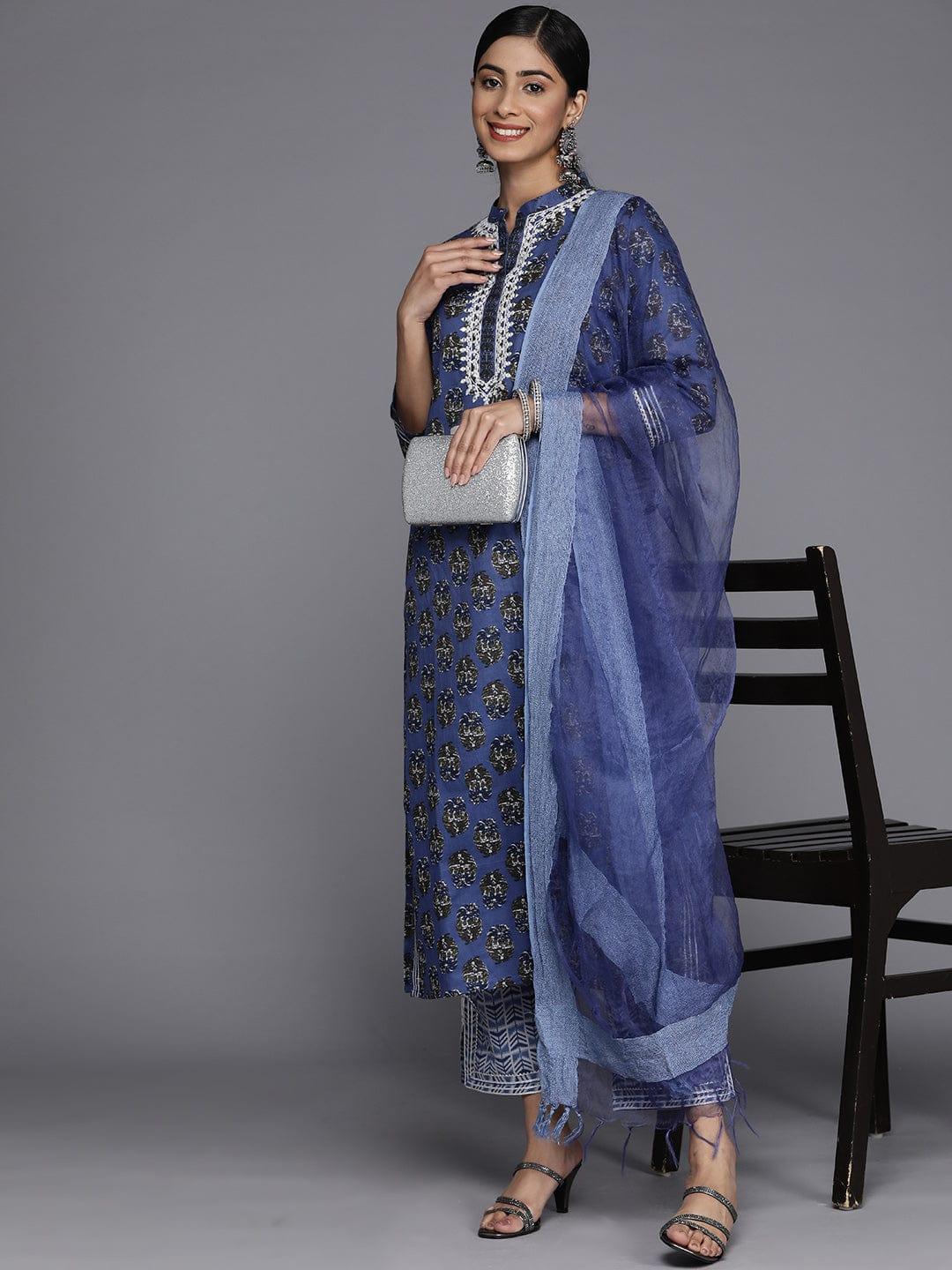 Varanga Women Floral Printed Mirror Work Pure Cotton Kurta With Trousers & With Dupatta - Indiakreations