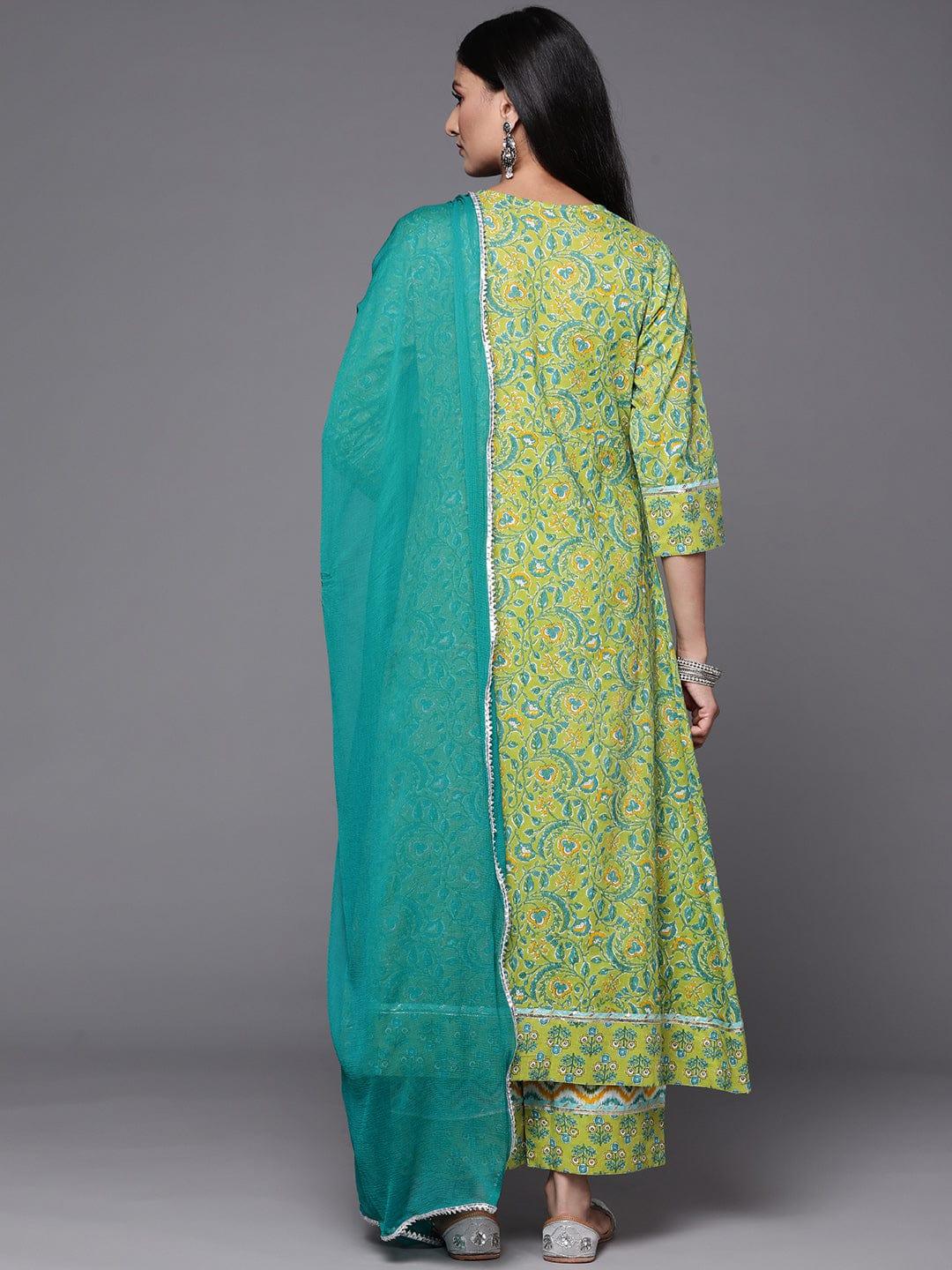 Varanga Women Green Floral Printed High Slit Mirror Work Pure Cotton Kurta with Palazzos & With Dupatta - Indiakreations