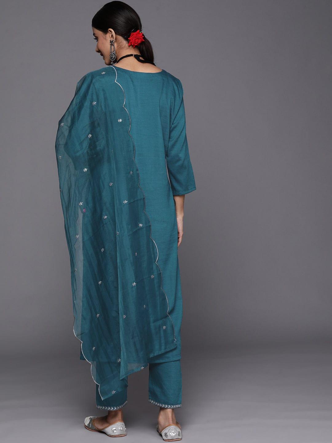 Varanga Women Teal Ethnic Motifs Embroidered Sequinned Kurta with Trousers & With Dupatta - Indiakreations