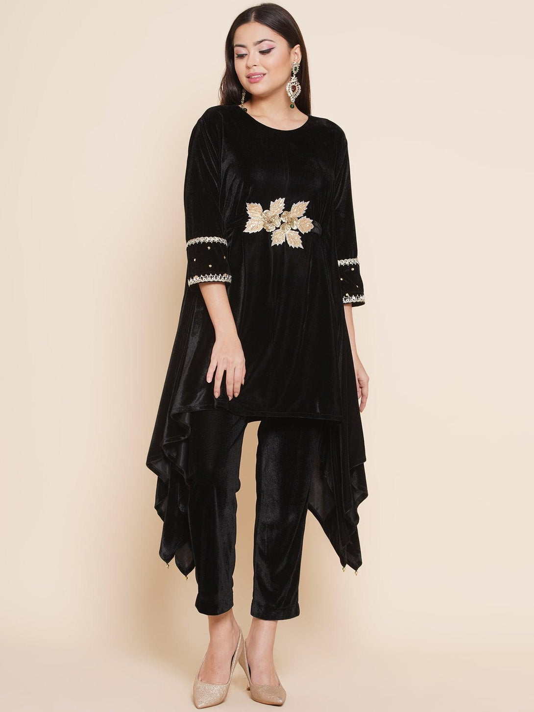 Women's Black Velvet Kaftaan Style Kurta With Pants - Women Republic - Indiakreations