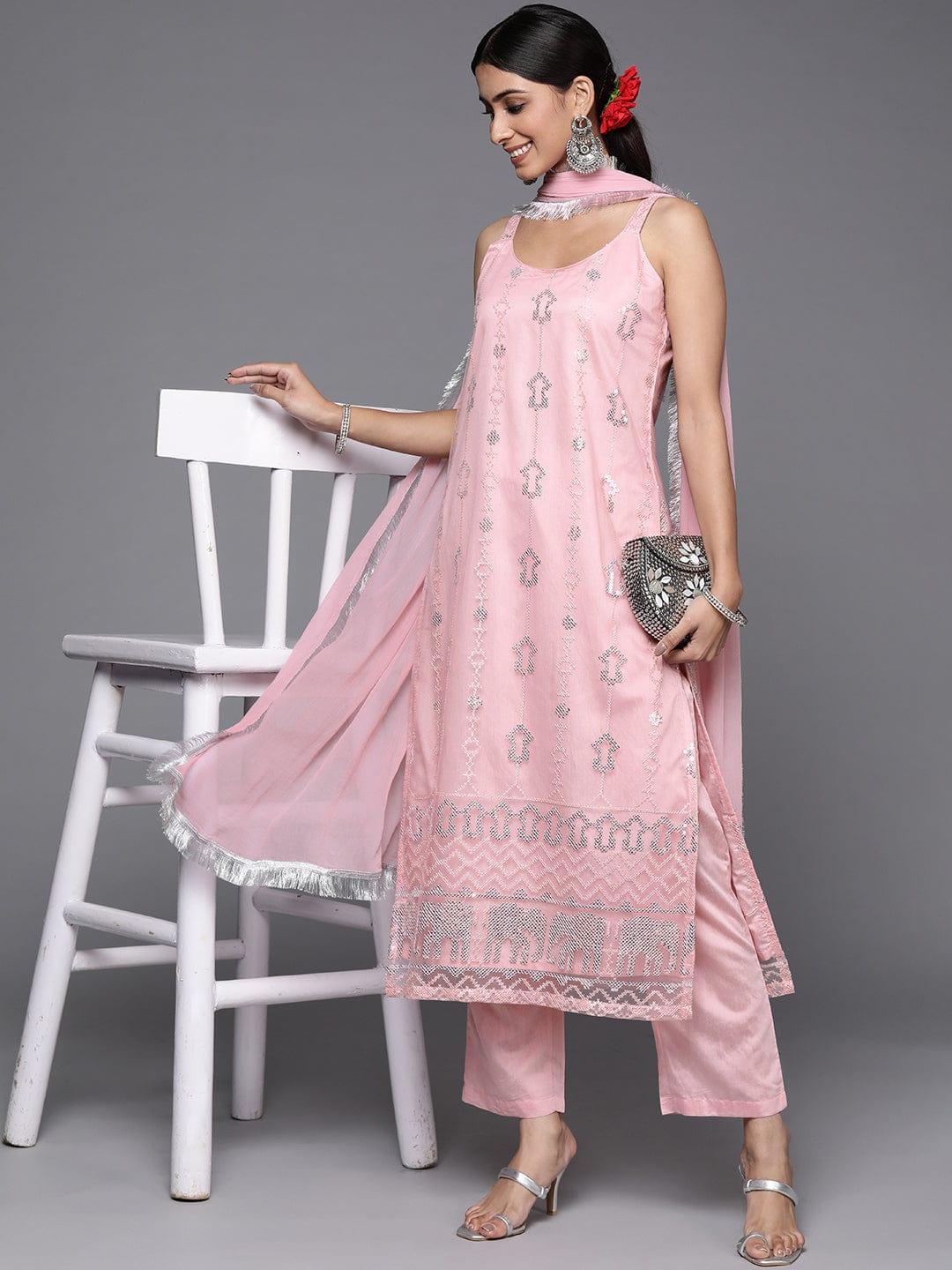 Varanga pink net embroidered strap style kurta paired with tonal bottom and dupatta - Indiakreations