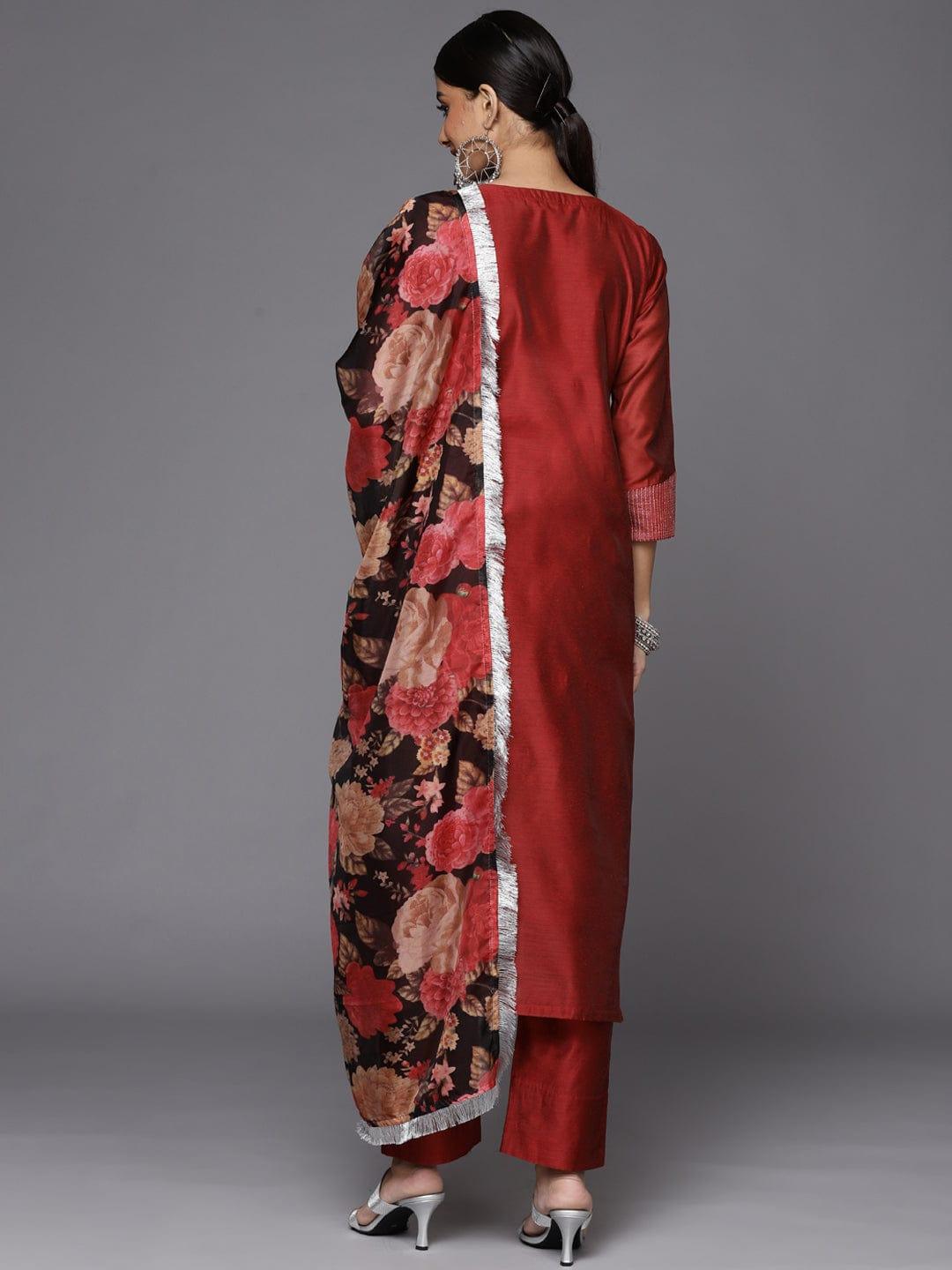 Varanga red embroidered kurta with tonal trouser and printed dupattta - Indiakreations