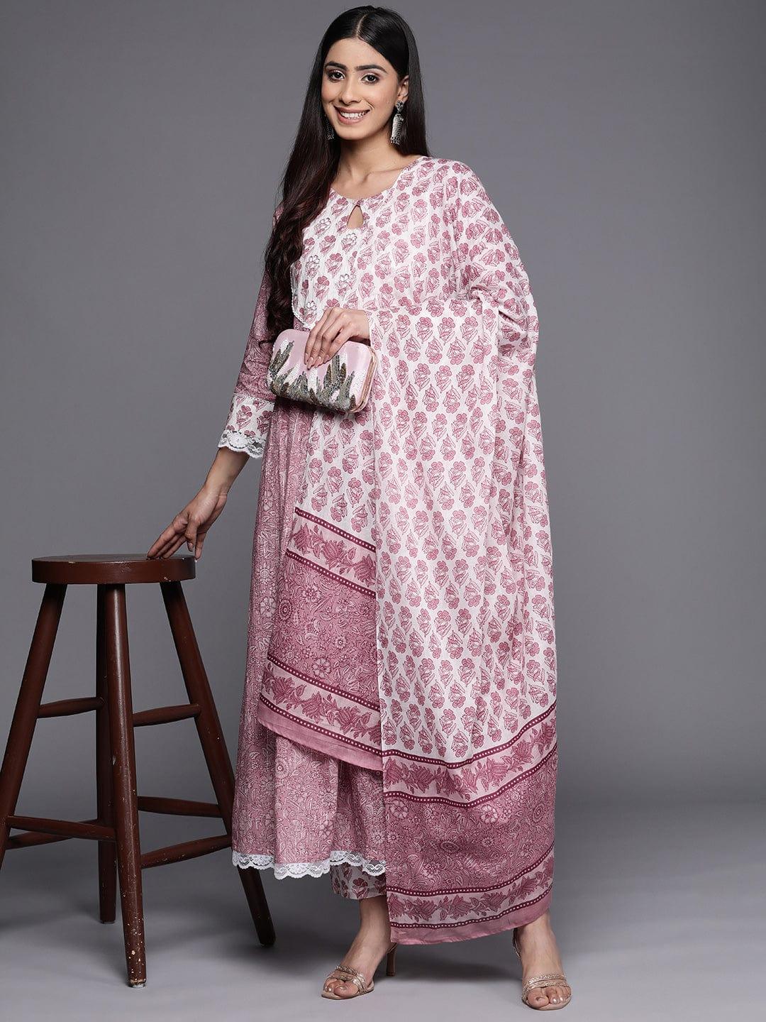 Varanga Mauve Floral Printed Pure Cotton Kurta with Trousers & With Dupatta - Indiakreations