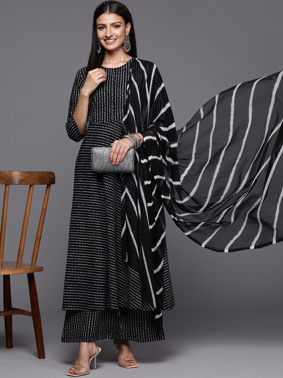 Varanga black and white cotton printed anarkali kurta paired with palazzo and chiffon dupatta - Indiakreations