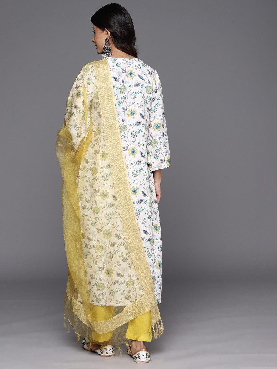 Varanga White Floral Printed Regular Thread Work Kurta With Trousers & Dupatta - Indiakreations