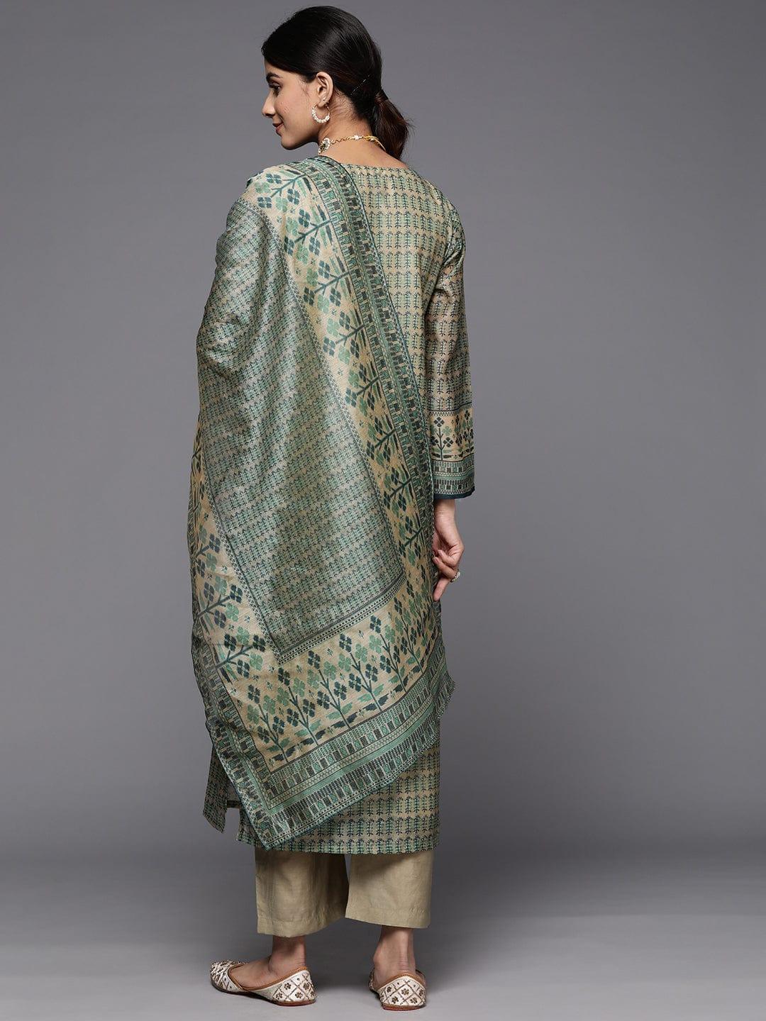 Varanga Ethnic Motifs Printed Chanderi Silk Kurta With Trousers & With Dupatta - Indiakreations