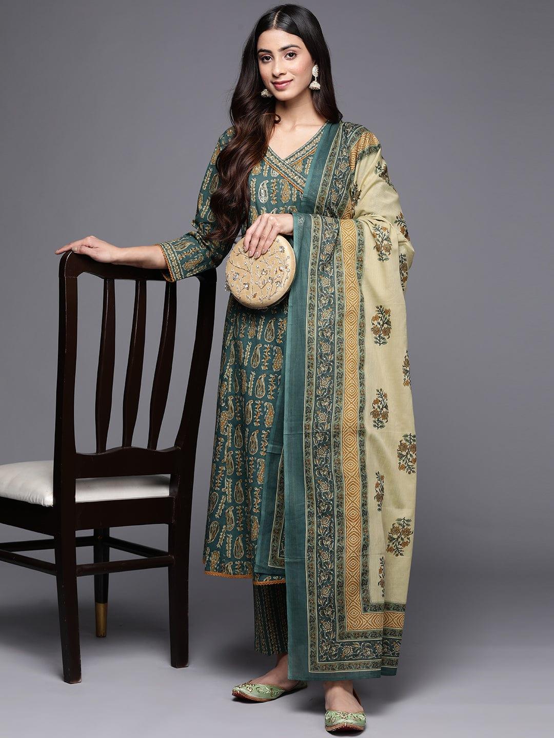 Varanga Women Green Paisley Printed Angrakha Pure Cotton Kurta With Trousers & With Dupatta - Indiakreations