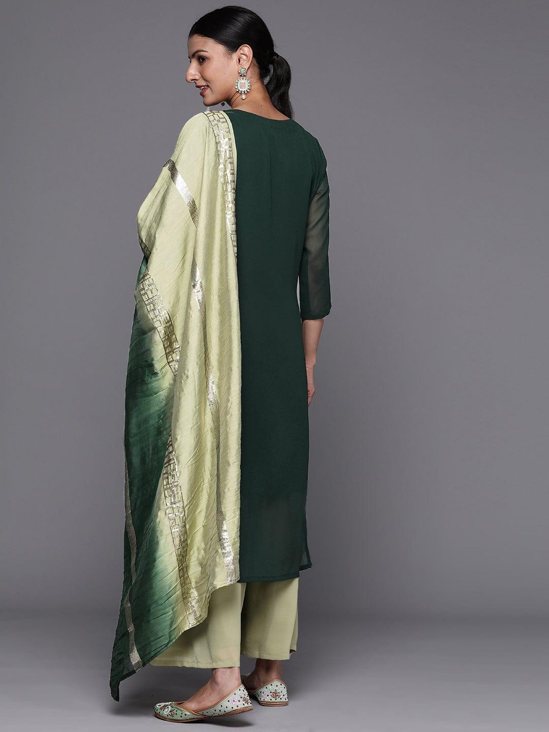 Varanga Women Green Silk Georgette Kurta with Sharara & With Dupatta - Indiakreations