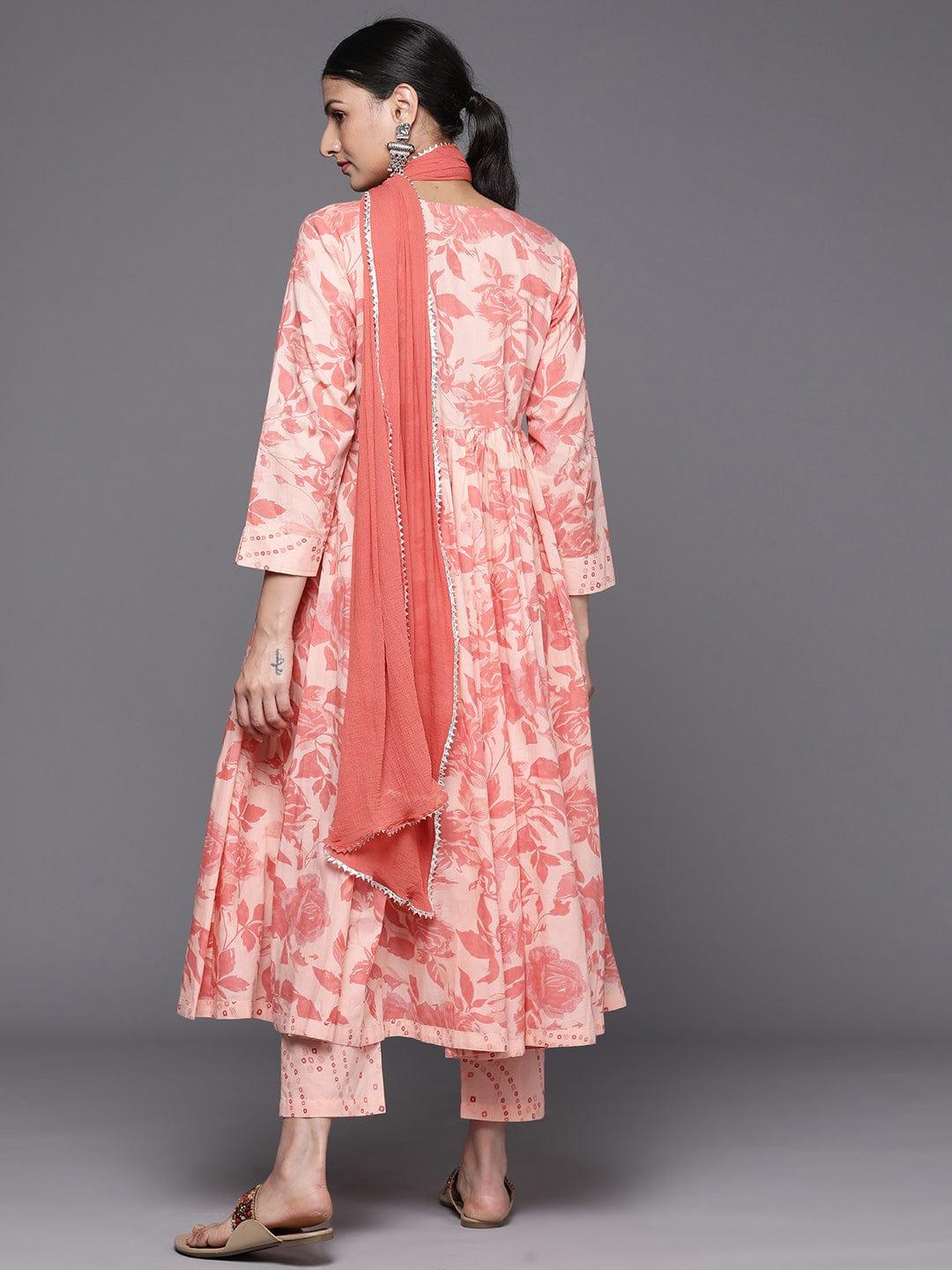 Varanga Women Peach Floral Empire Thread Work Kurta with Trousers & Dupatta - Indiakreations