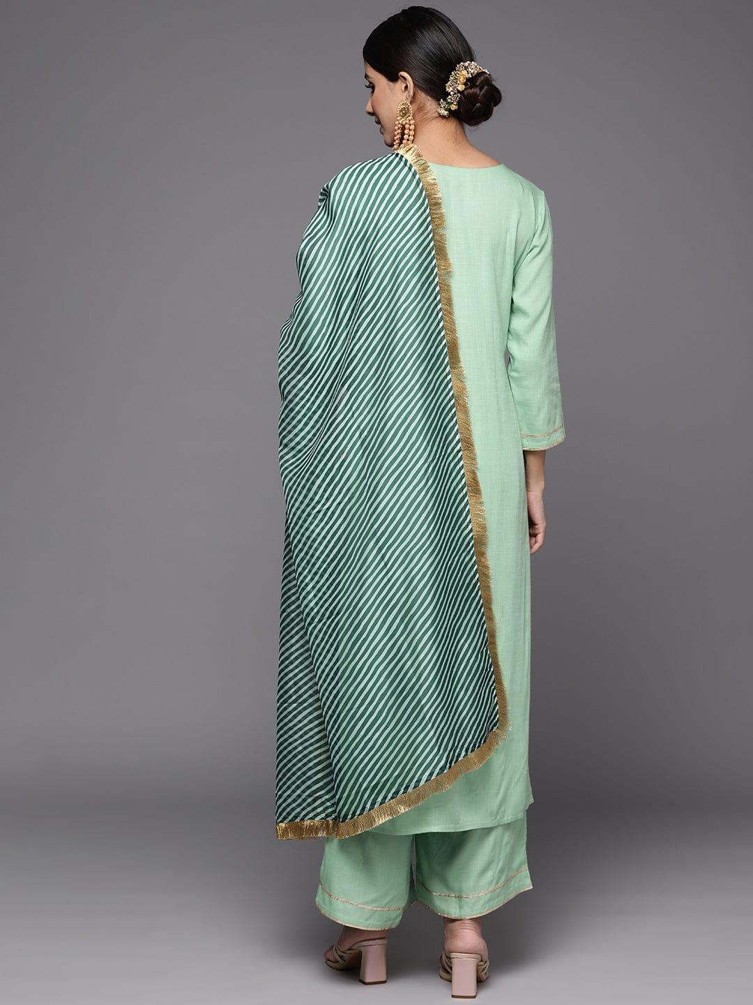 Varanga Women Green Solid Gotta Patti Detail Empire Kurta with Palazzos & With Dupatta - Indiakreations