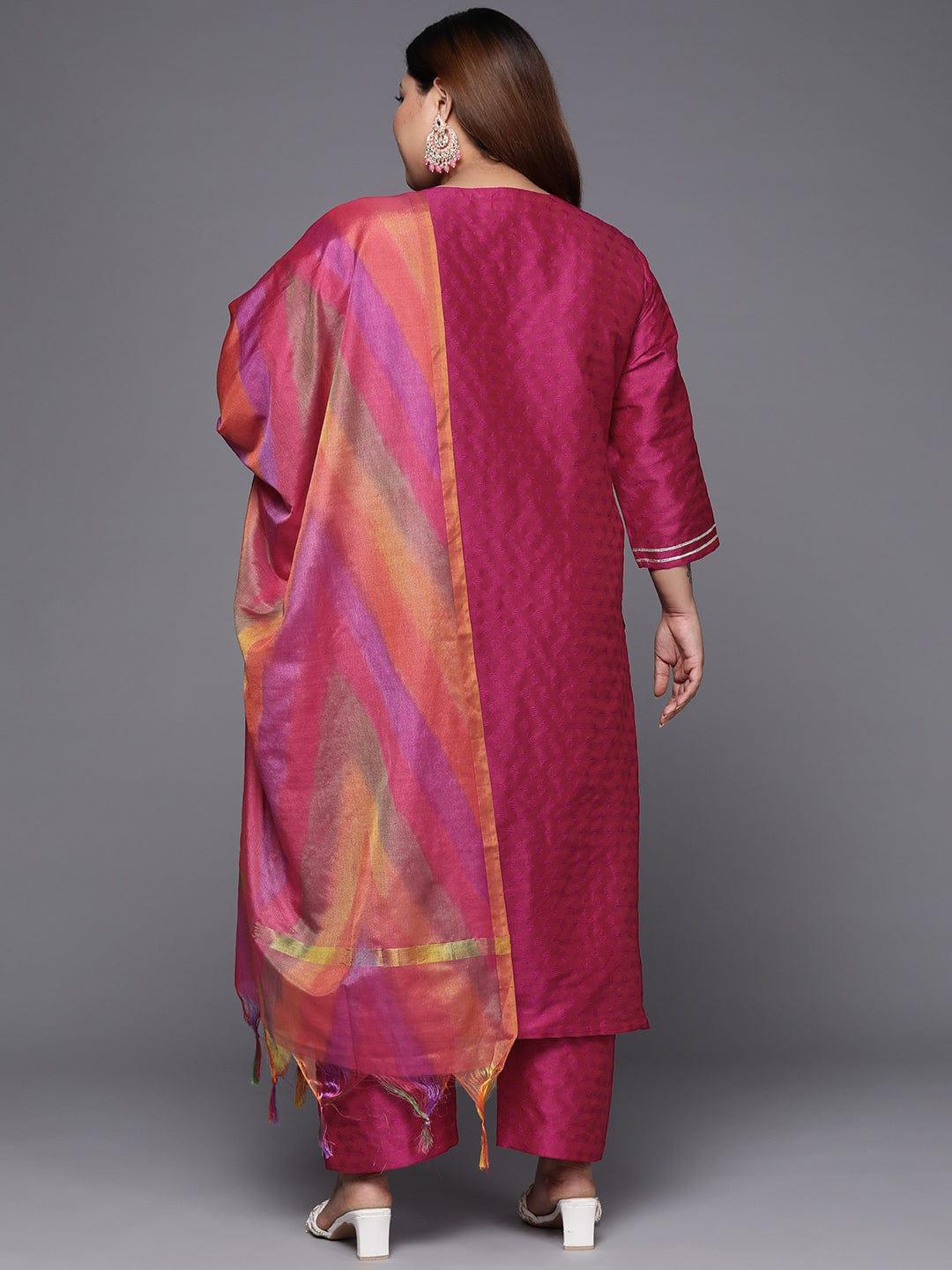 Varanga Women Plus Size Magenta Floral Embroidered Kurta with Trousers & Dupatta - Indiakreations