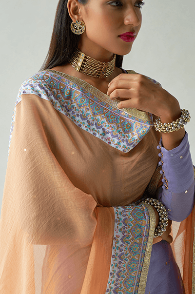 Chaand Lilac Kurta with jaal & booti block printed sharara and Dupatta- Set of 3 RTS - Indiakreations