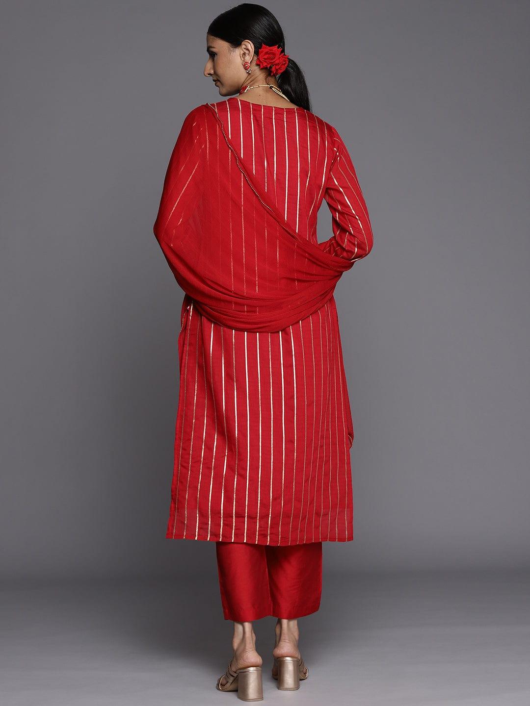 Varanga Women Red Floral Embroidered Kurta with Trousers & With Dupatta - Indiakreations