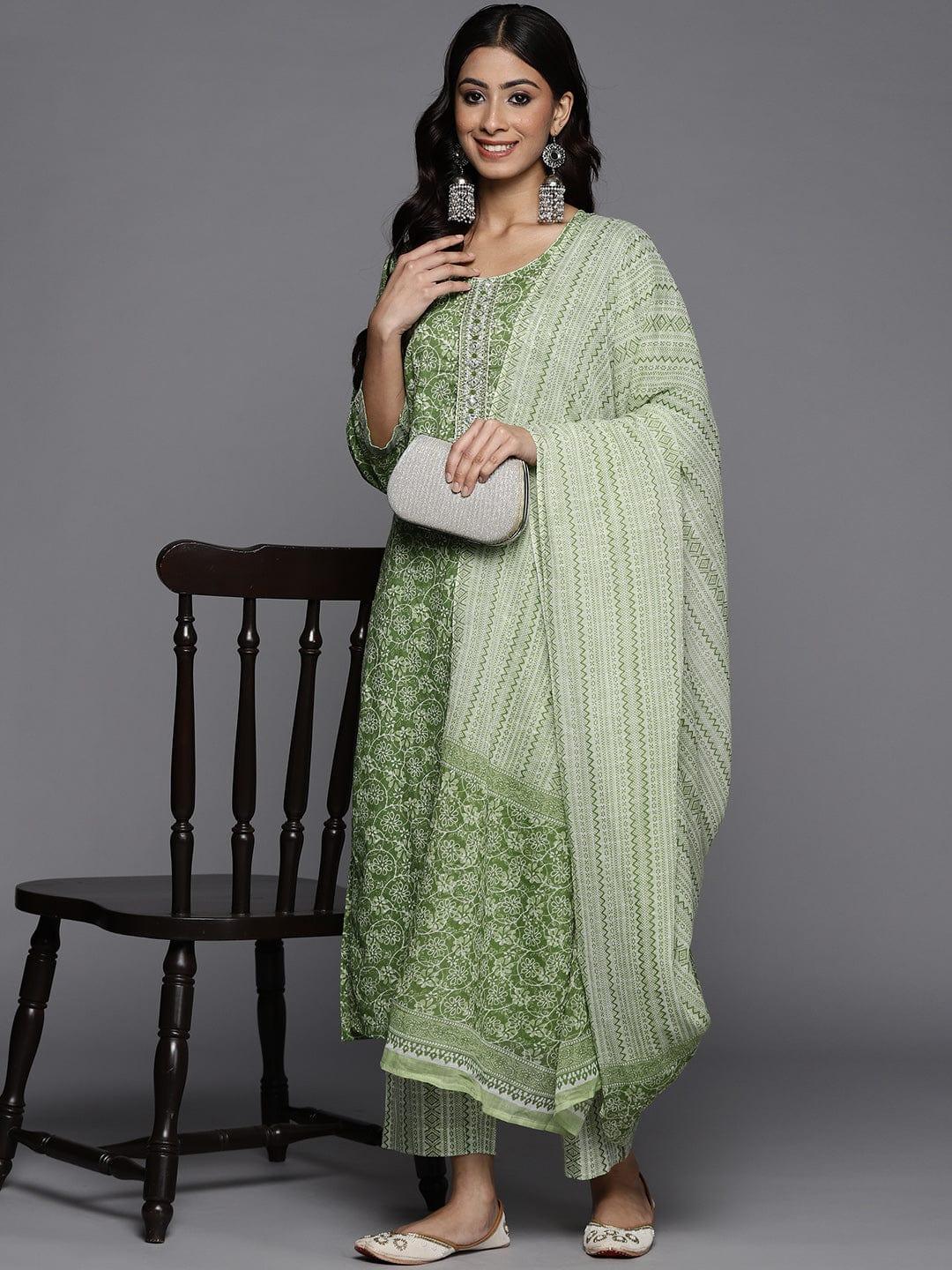 Varanga Women Green Ethnic Motifs Sequinned Pure Cotton Kurta with Trousers & Dupatta - Indiakreations