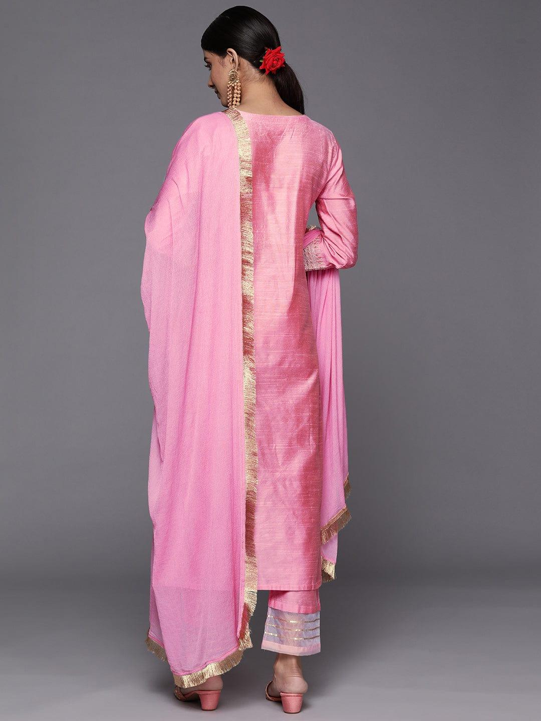 Varanga Women Pink Ethnic Motifs Embroidered Sequinned Dupion Silk Kurta with Trousers & With Dupatta - Indiakreations