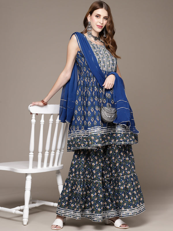 Women's Royal Blue Gota Patti Printed Kurta Set With Sharara And Dupatta - Anubhutee