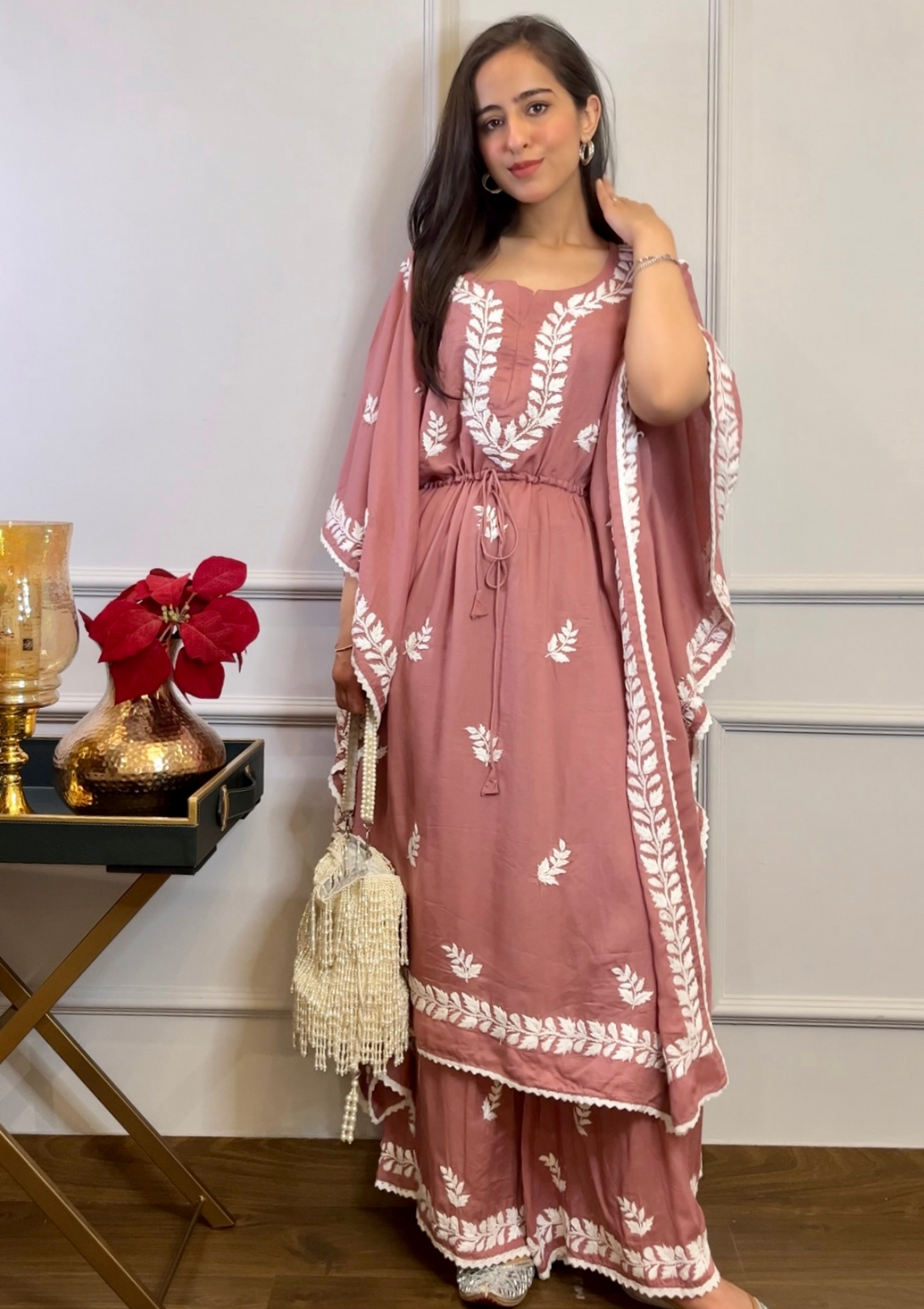 Afreen kaftan set with Chikankari embroidery and modal cotton in peach  colour