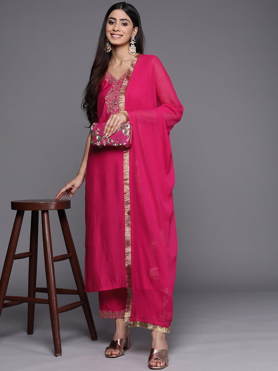 Varanga Floral Yoke Design Sequinned Kurta with Trousers & Dupatta - Indiakreations